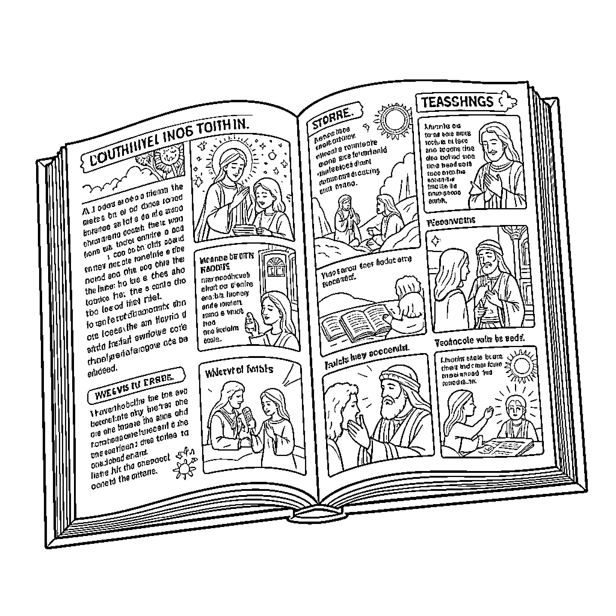 Bible stories illustrated within an open book Coloring Page (free black-and-white line drawing printable PDF for all, from beginners to advanced learners, including children, teens, adults, and seniors)