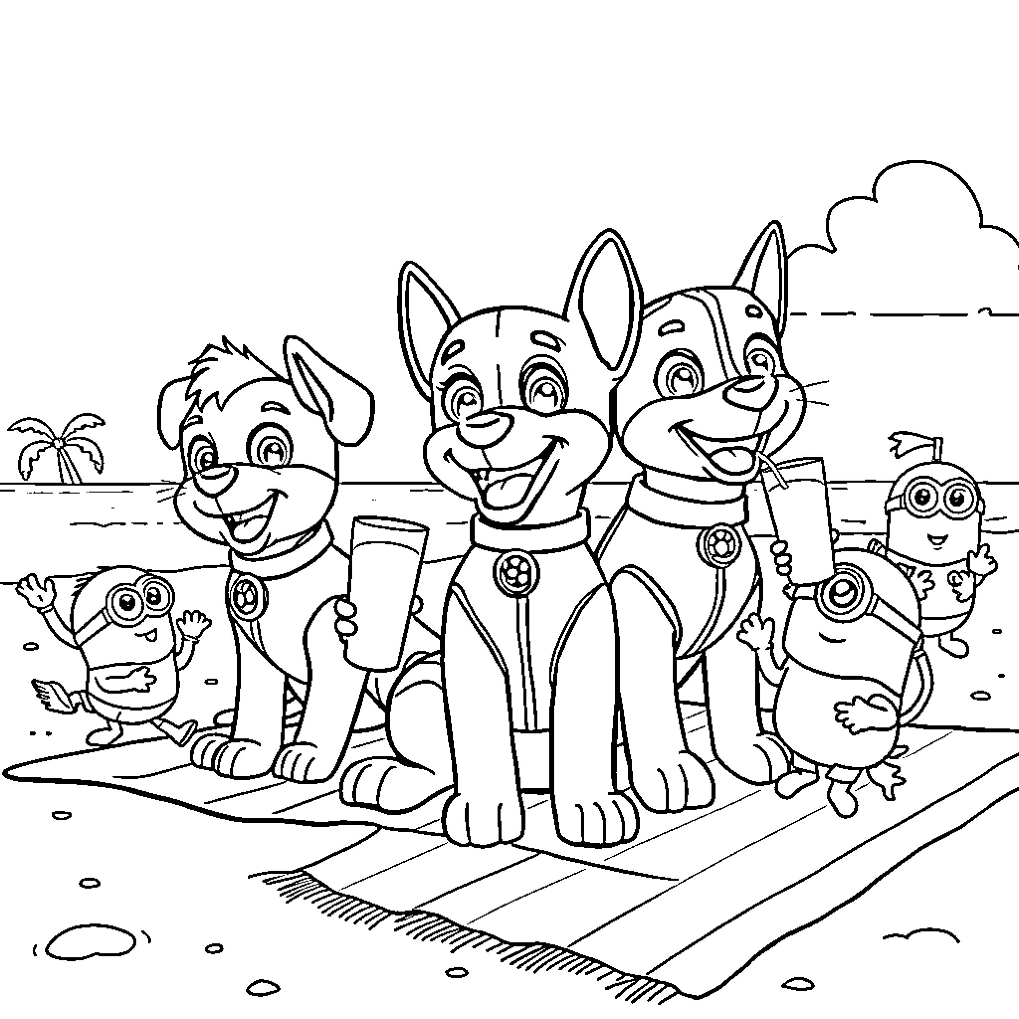 Paw Patrol having fun in the outdoors Coloring Page (free black-and-white line drawing printable PDF for all, from beginners to advanced learners, including children, teens, adults, and seniors)