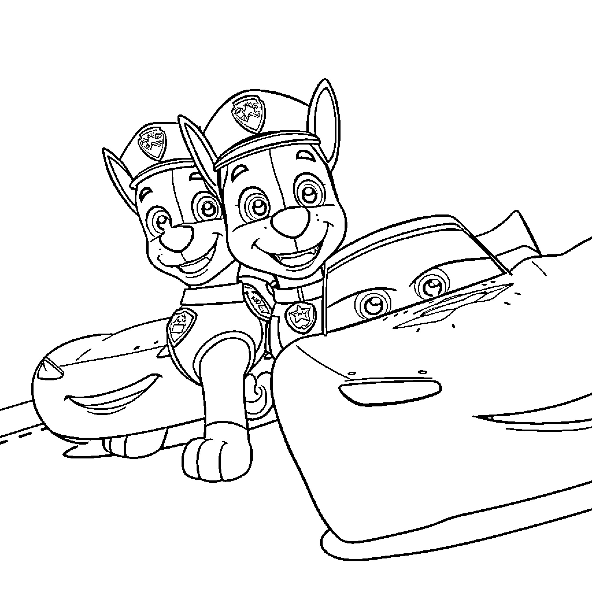 Chase in Puppy Patrol Riding Vehicles Coloring Page (free black-and-white line drawing printable PDF for all, from beginners to advanced learners, including children, teens, adults, and seniors)