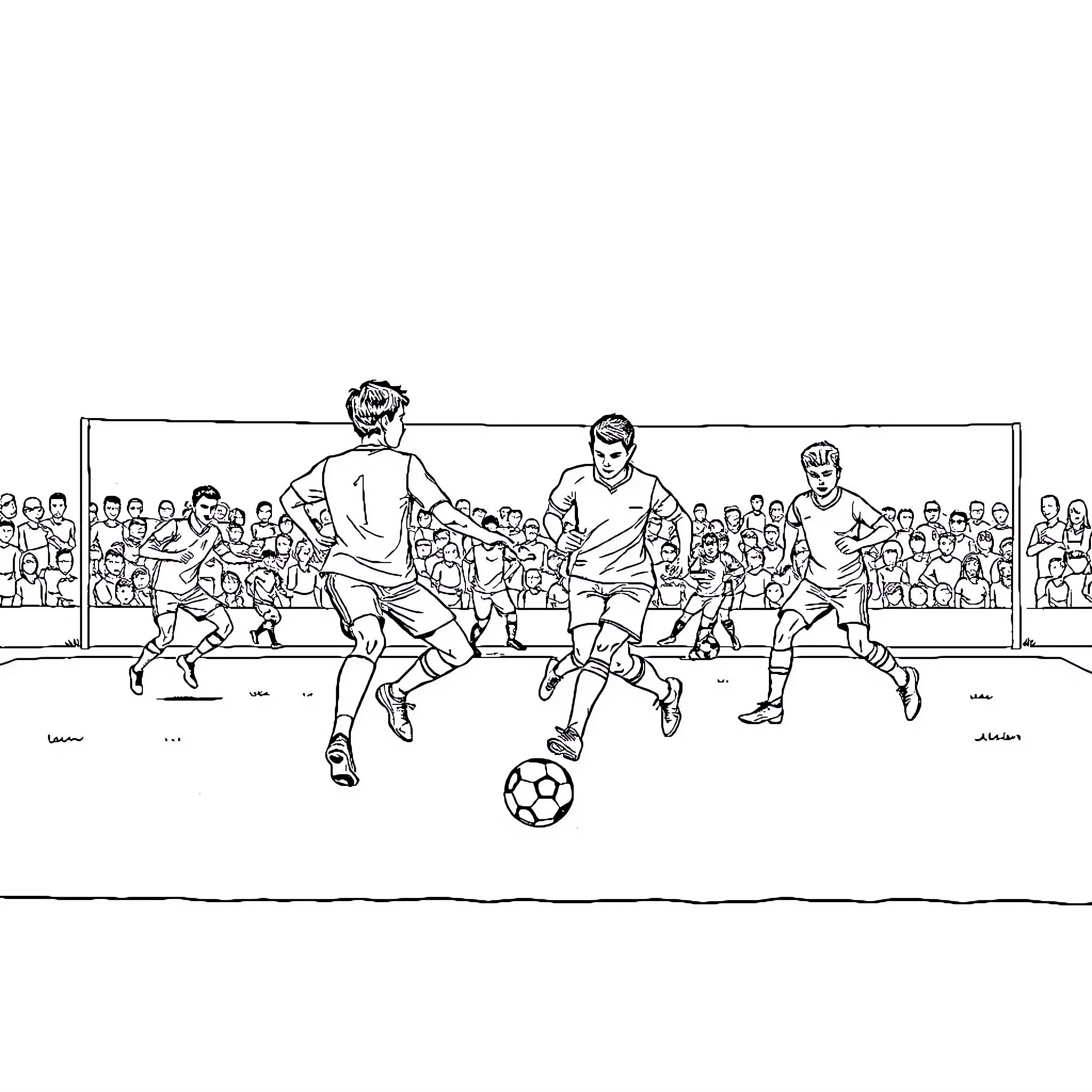 Football players competing in a match on the field Coloring Page (free black-and-white line drawing printable PDF for all, from beginners to advanced learners, including children, teens, adults, and seniors)
