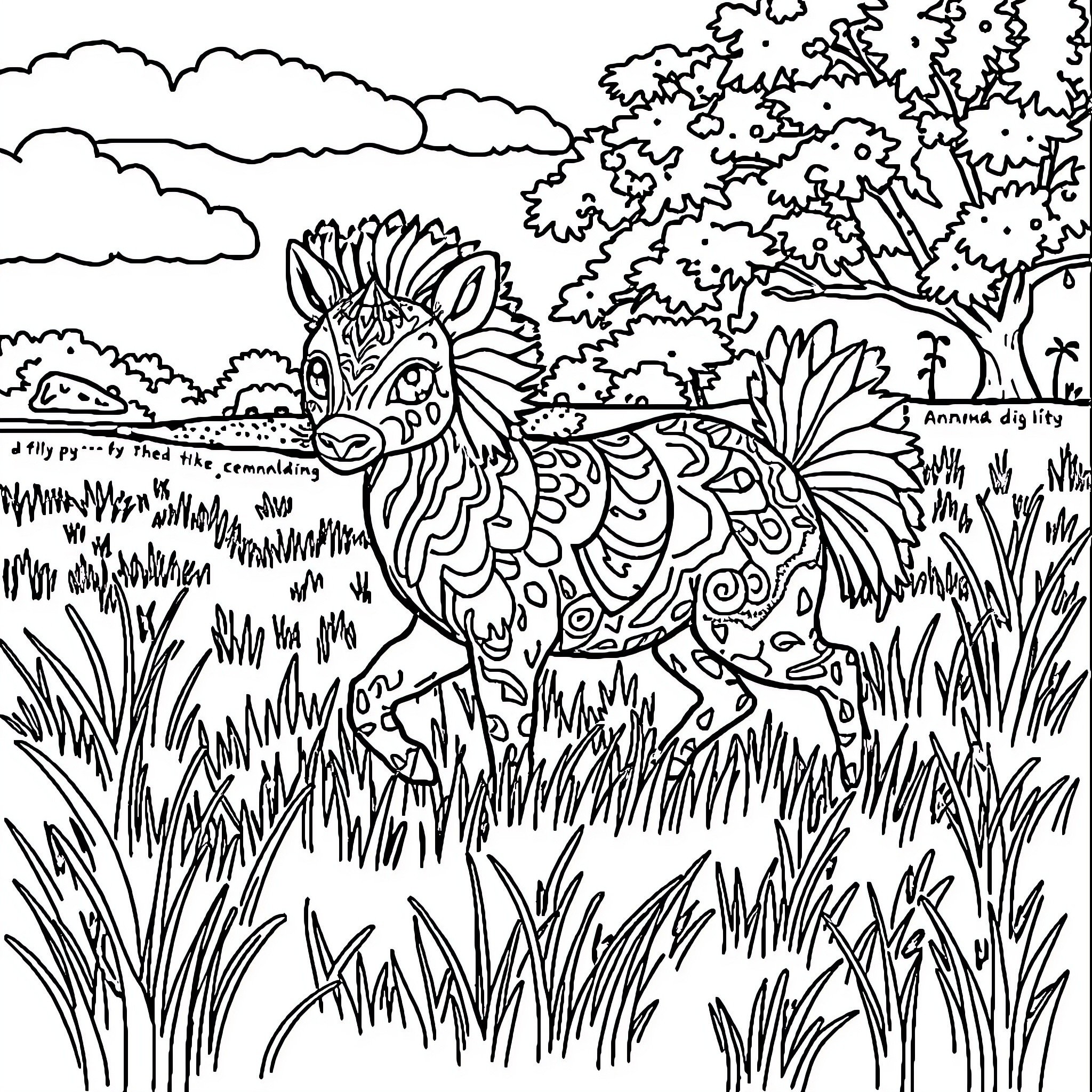 Animal fantastical creature in magical forest scene Coloring Page (free black-and-white line drawing printable PDF for all, from beginners to advanced learners, including children, teens, adults, and seniors)
