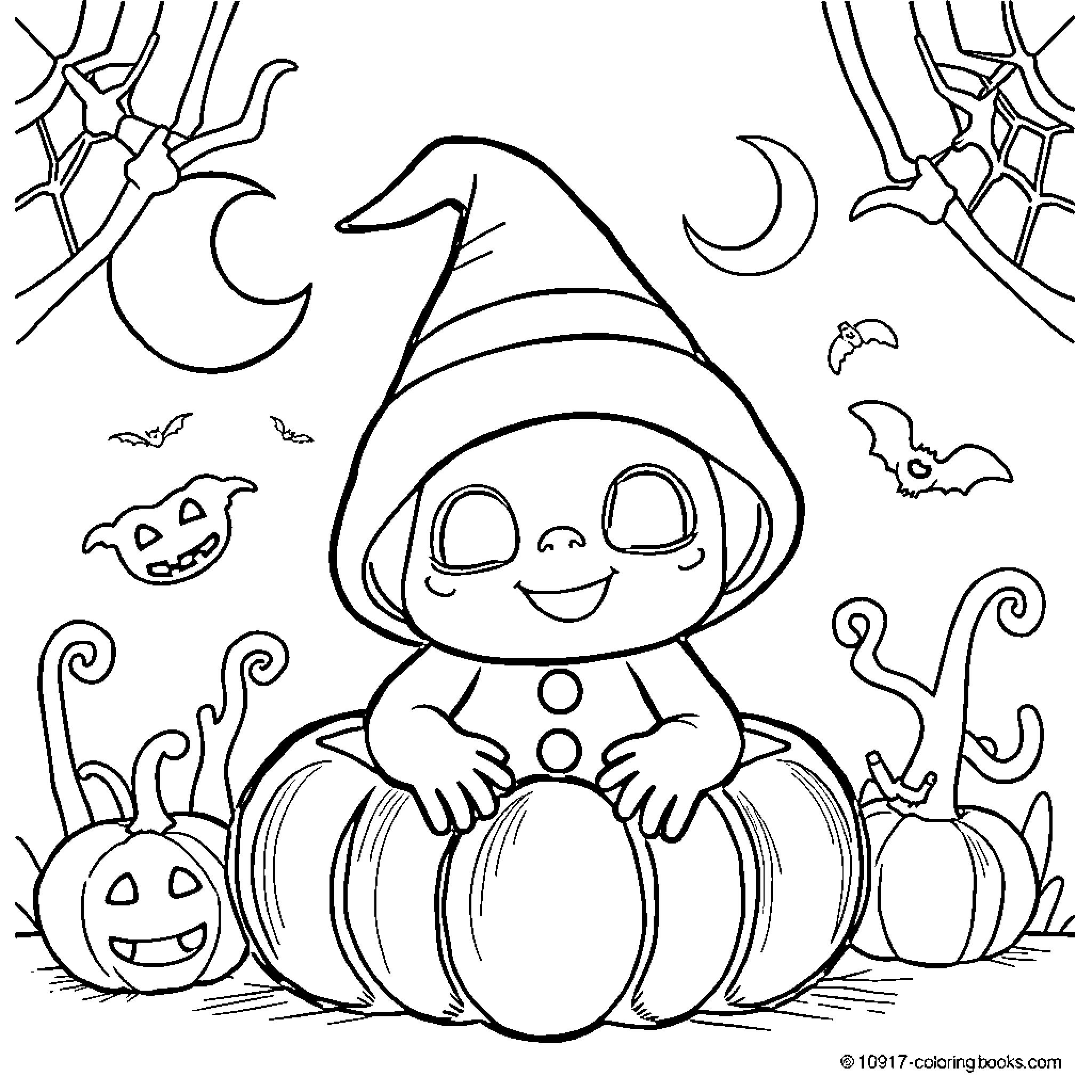 Halloween Gnome Surrounded by Pumpkins and Bats Coloring Page (free black-and-white line drawing printable PDF for all, from beginners to advanced learners, including children, teens, adults, and seniors)