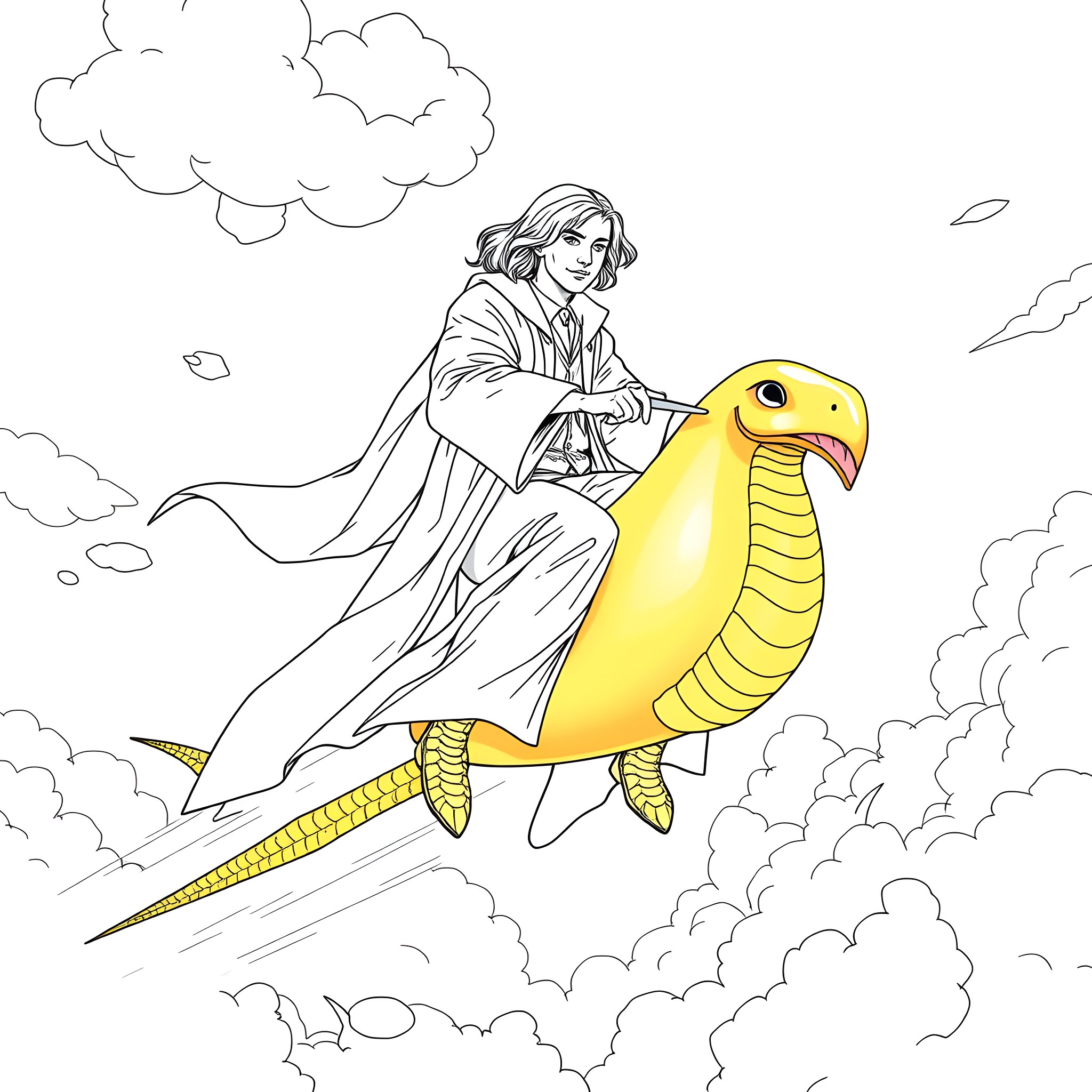 Professor riding a magical yellow bird through the clouds Coloring Page (free black-and-white line drawing printable PDF for all, from beginners to advanced learners, including children, teens, adults, and seniors)