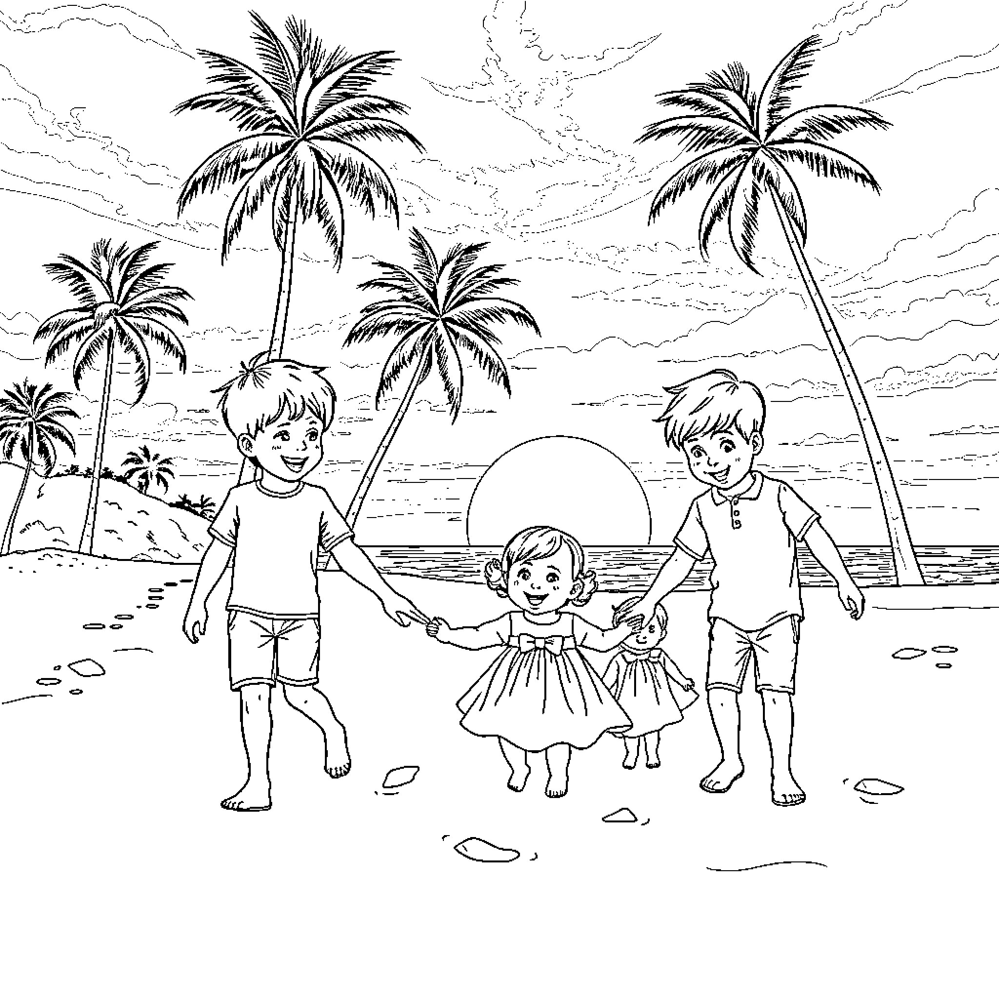 Boy playing with siblings on tropical beach Coloring Page (free black-and-white line drawing printable PDF for all, from beginners to advanced learners, including children, teens, adults, and seniors)