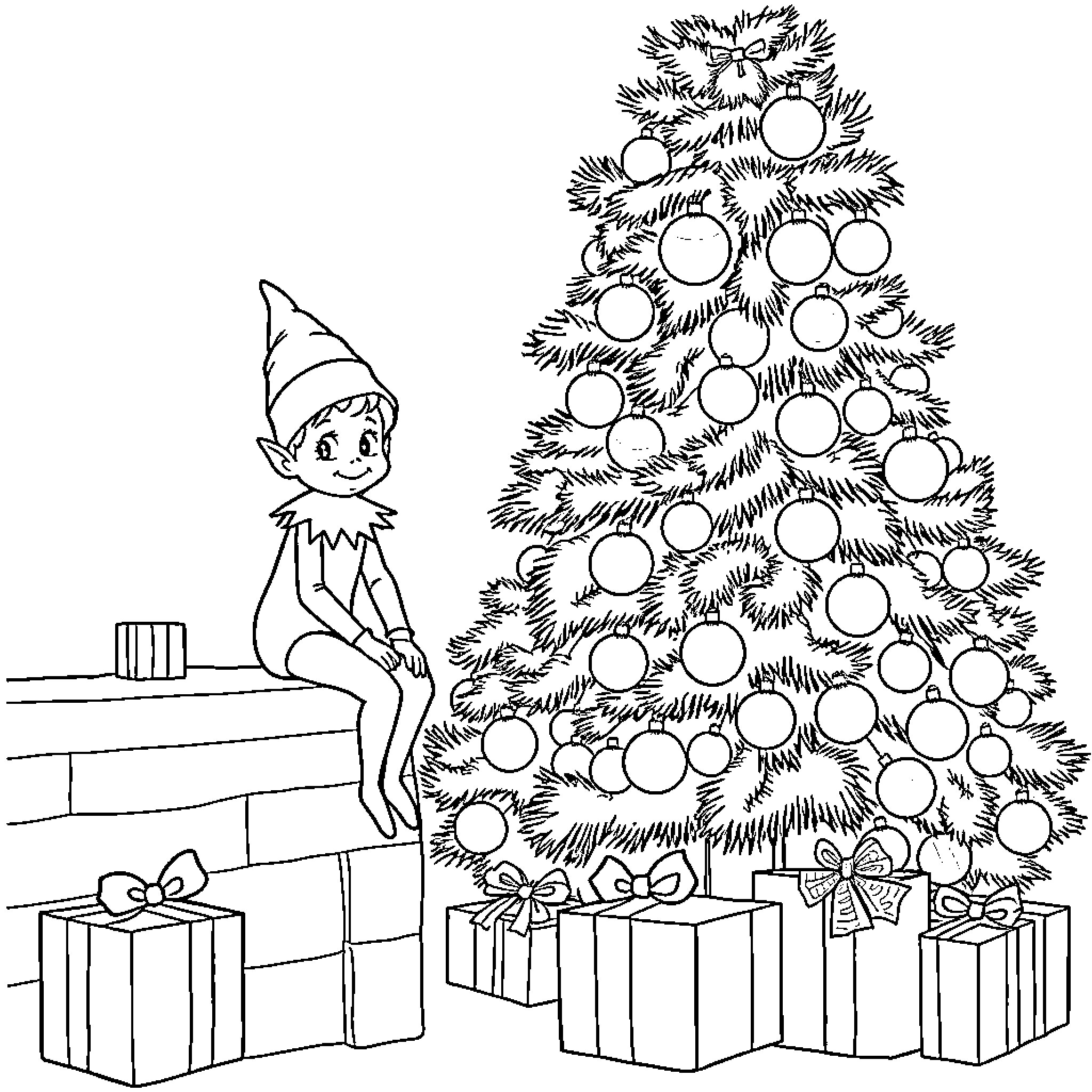 Elf decorating festive Christmas tree with ornaments Coloring Page (free black-and-white line drawing printable PDF for all, from beginners to advanced learners, including children, teens, adults, and seniors)