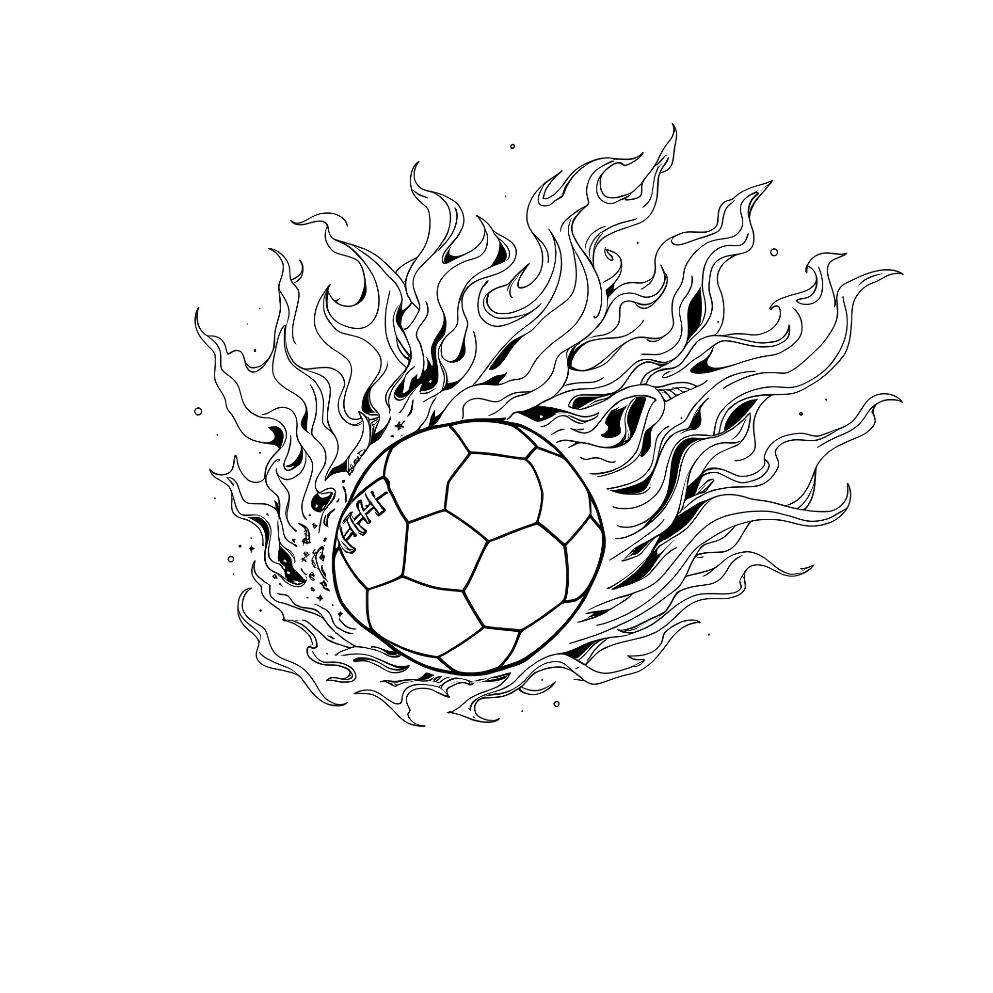 Football on Fire with Flaming Trails Coloring Page (free black-and-white line drawing printable PDF for all, from beginners to advanced learners, including children, teens, adults, and seniors)