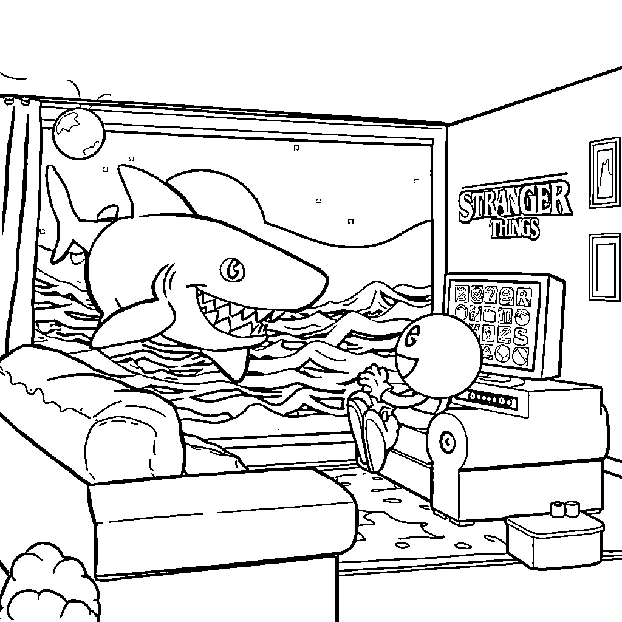 Shark in a Room with Stranger Things Theme Coloring Page (free black-and-white line drawing printable PDF for all, from beginners to advanced learners, including children, teens, adults, and seniors)