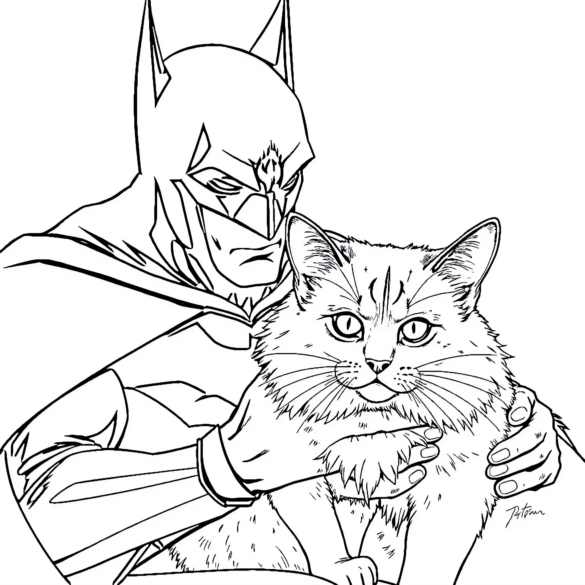 Cat superhero assisting a furry sidekick Coloring Page (free black-and-white line drawing printable PDF for all, from beginners to advanced learners, including children, teens, adults, and seniors)