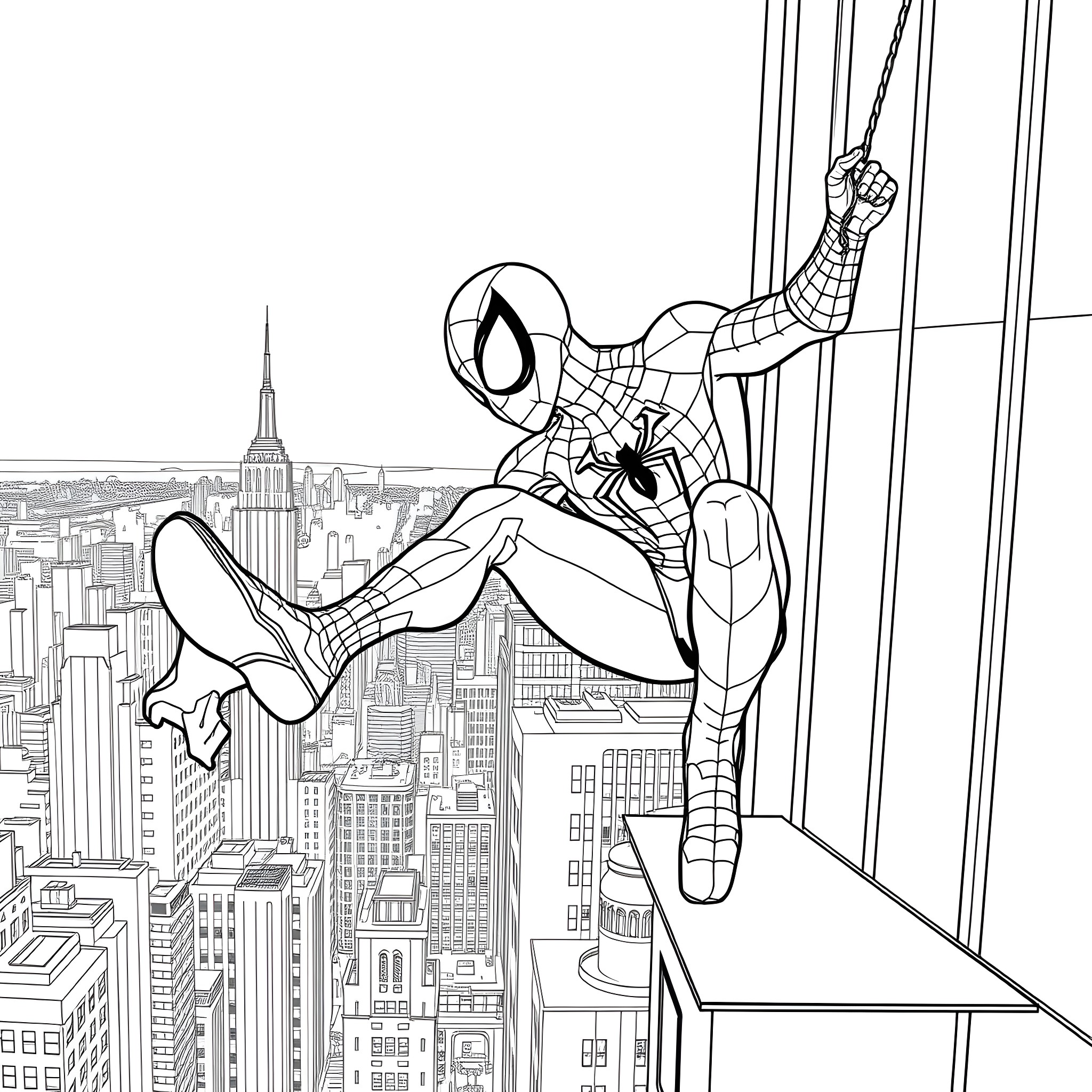 Spiderman swinging through the city skyline Coloring Page (free black-and-white line drawing printable PDF for all, from beginners to advanced learners, including children, teens, adults, and seniors)