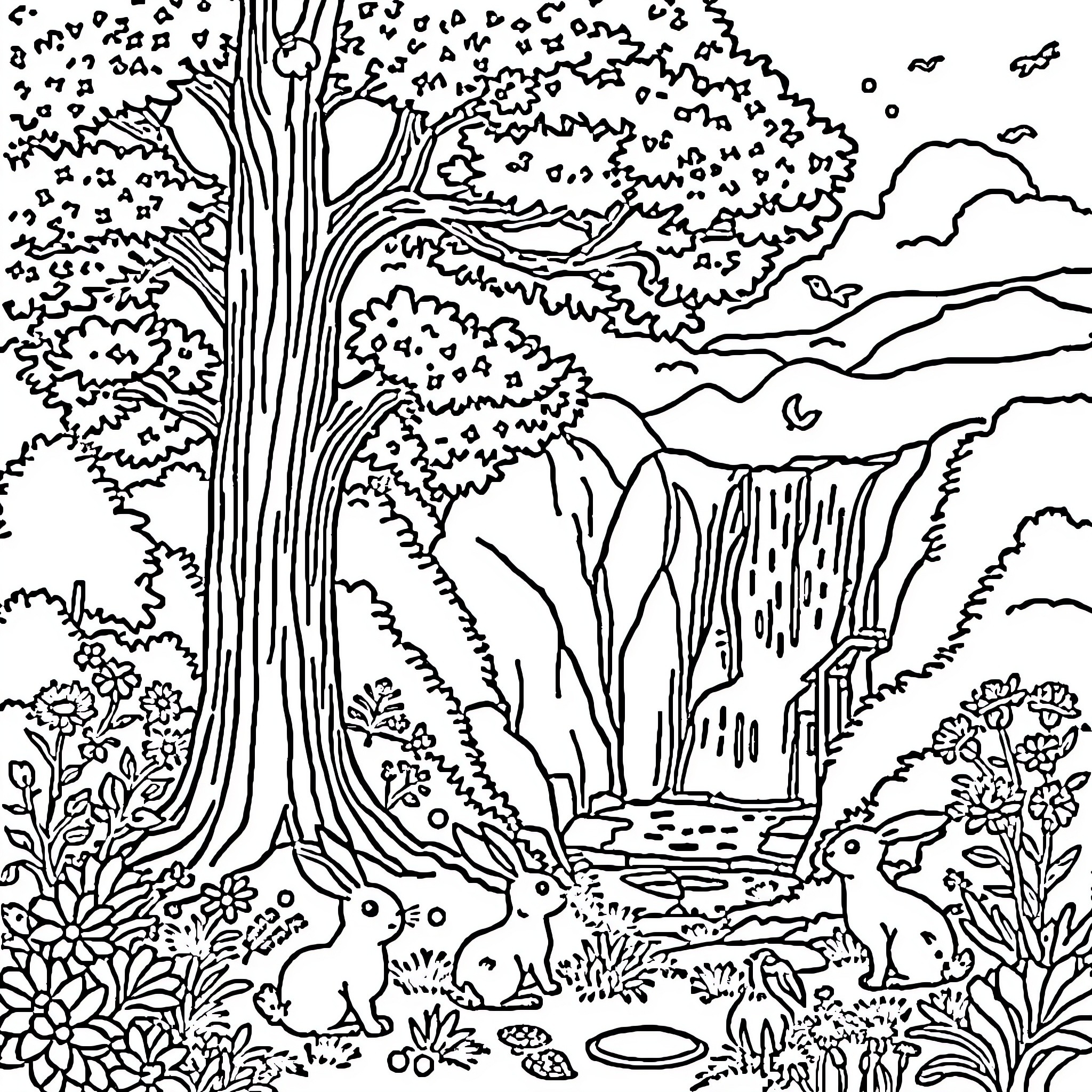 Tree of Wonderland and Whimsical Creatures Coloring Page (free black-and-white line drawing printable PDF for all, from beginners to advanced learners, including children, teens, adults, and seniors)