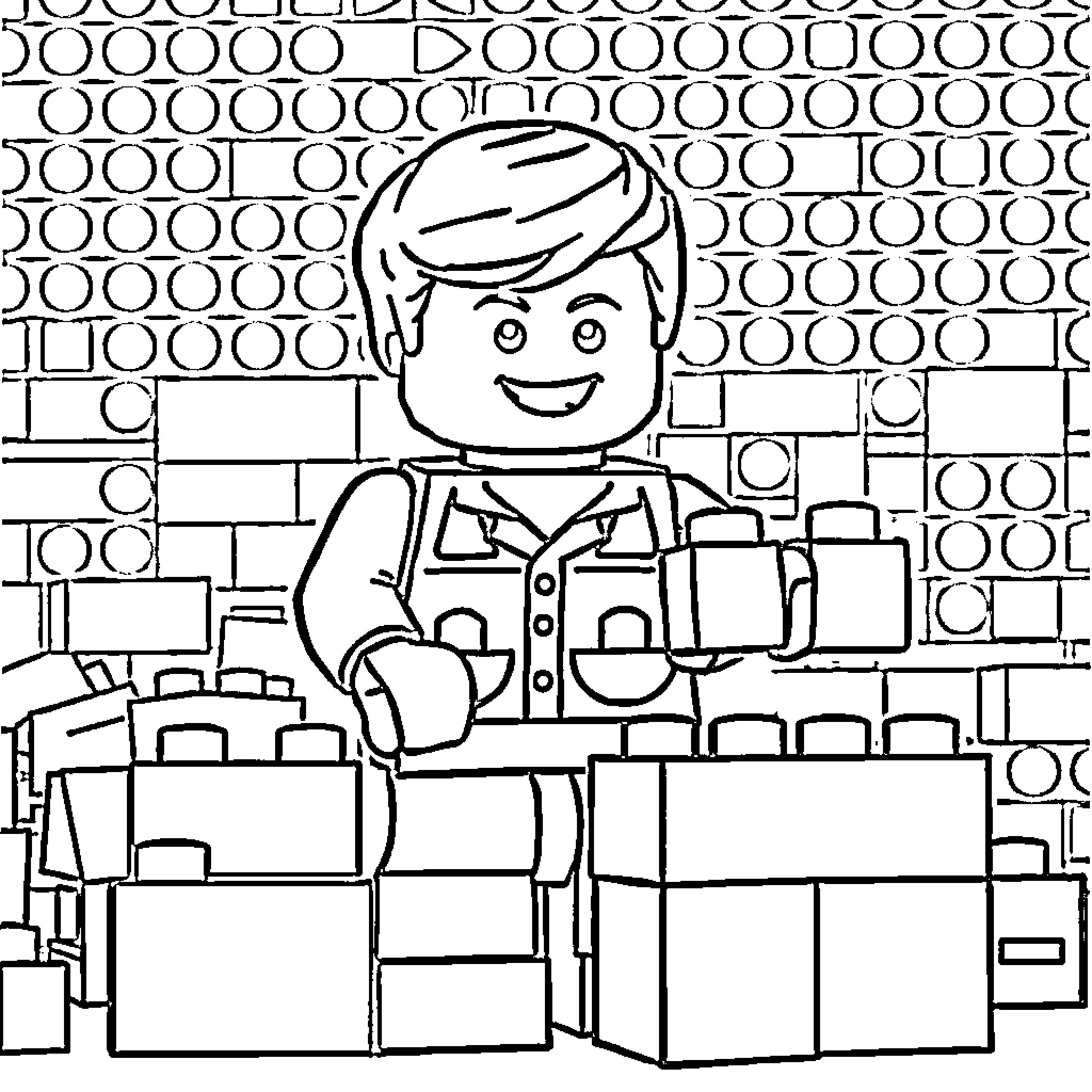 LEGO Minifigure at a construction site Coloring Page (free black-and-white line drawing printable PDF for all, from beginners to advanced learners, including children, teens, adults, and seniors)