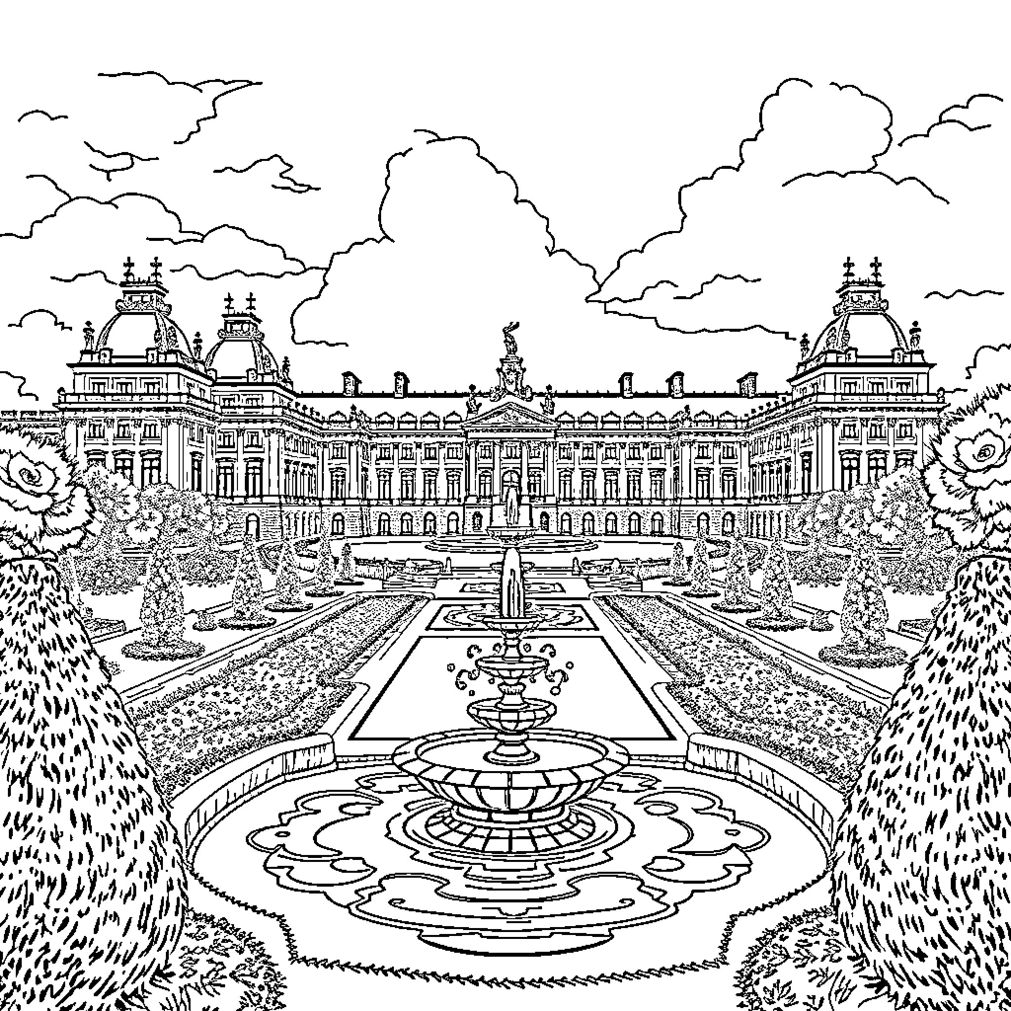 Versailles: Majestic Palace, Elegant Fountains, and Lush Gardens Coloring Page (free black-and-white line drawing printable PDF for all, from beginners to advanced learners, including children, teens, adults, and seniors)