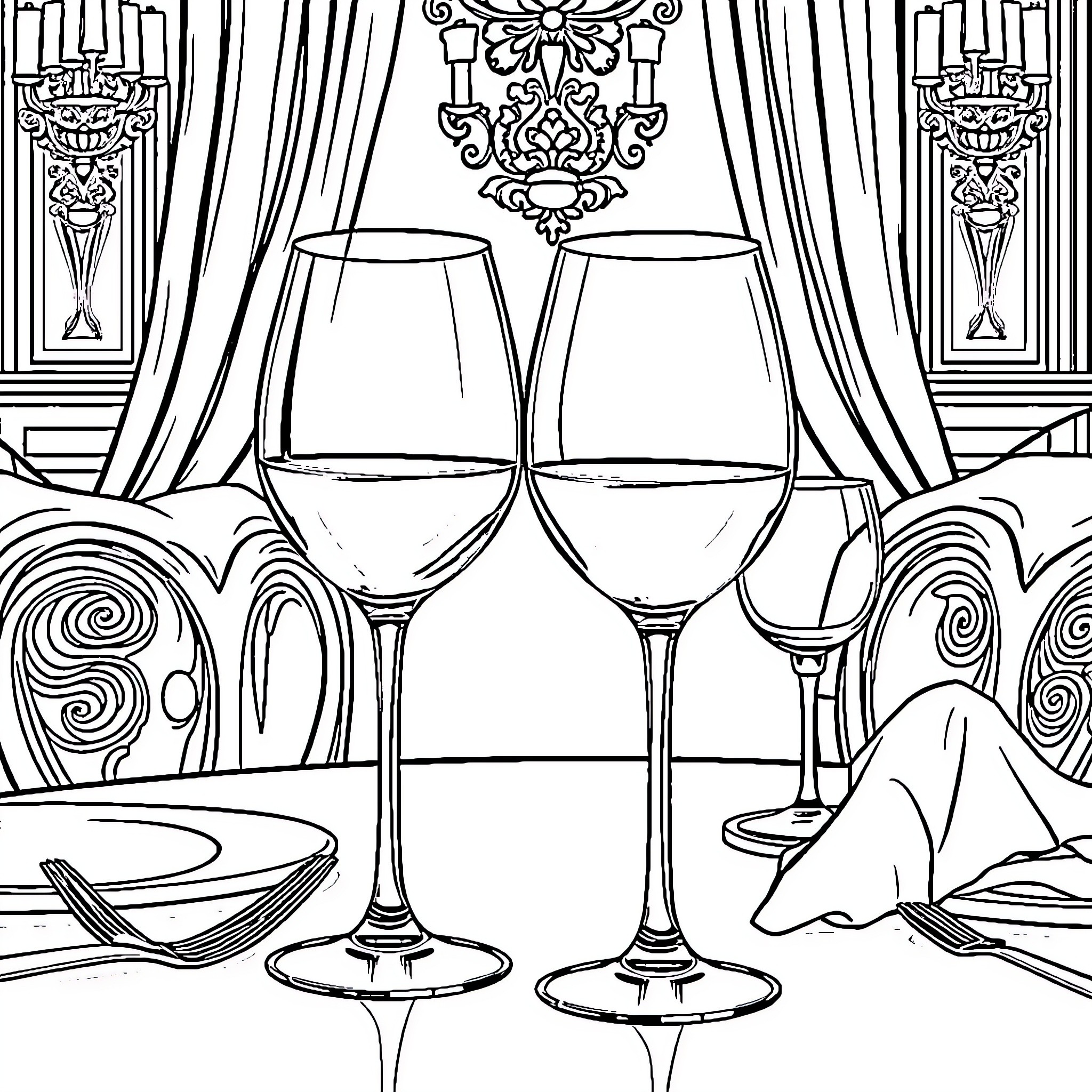 Wine Glass Dining Scene with Elegant Decor Coloring Page (free black-and-white line drawing printable PDF for all, from beginners to advanced learners, including children, teens, adults, and seniors)