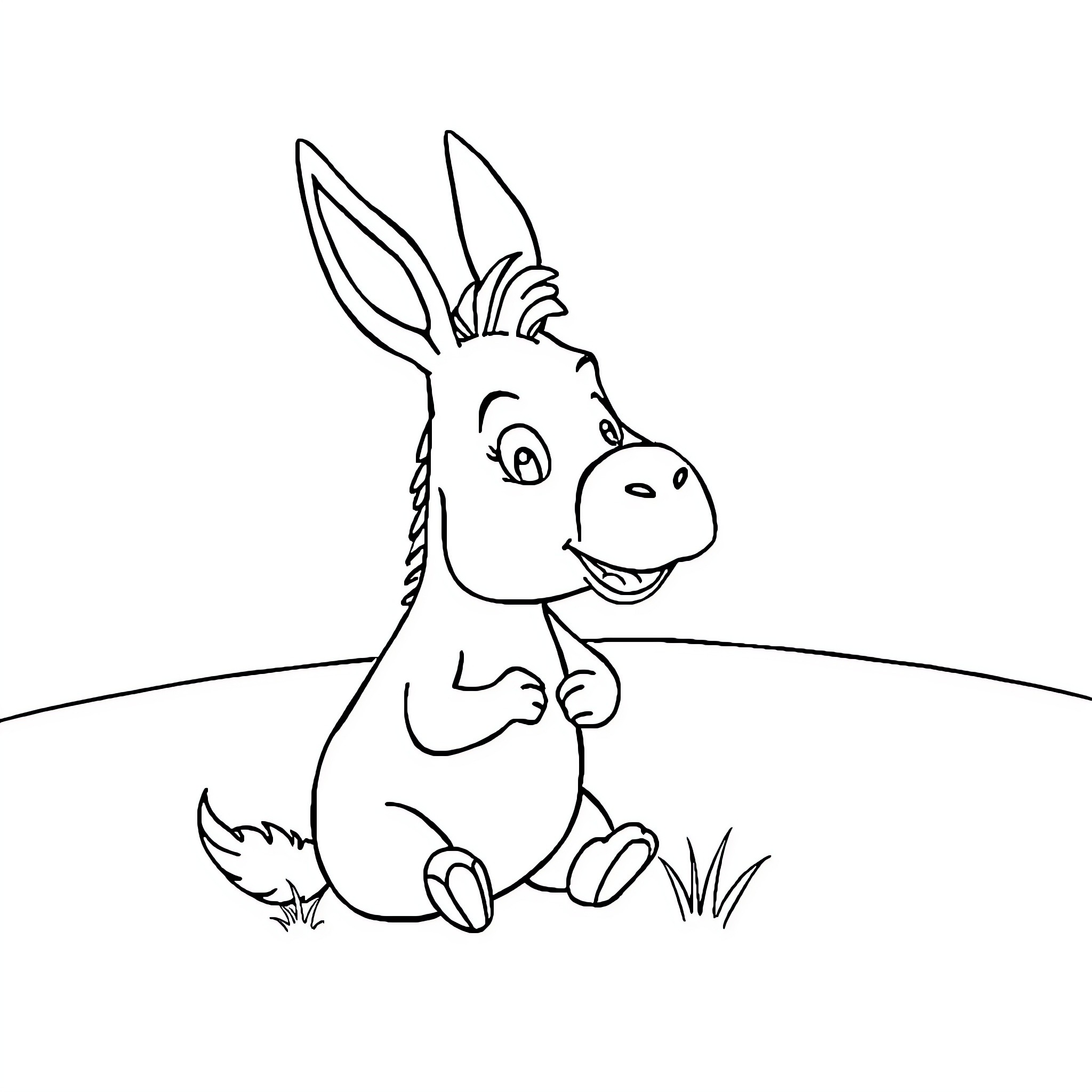 Burro sitting contentedly in a grassy field Coloring Page (free black-and-white line drawing printable PDF for all, from beginners to advanced learners, including children, teens, adults, and seniors)