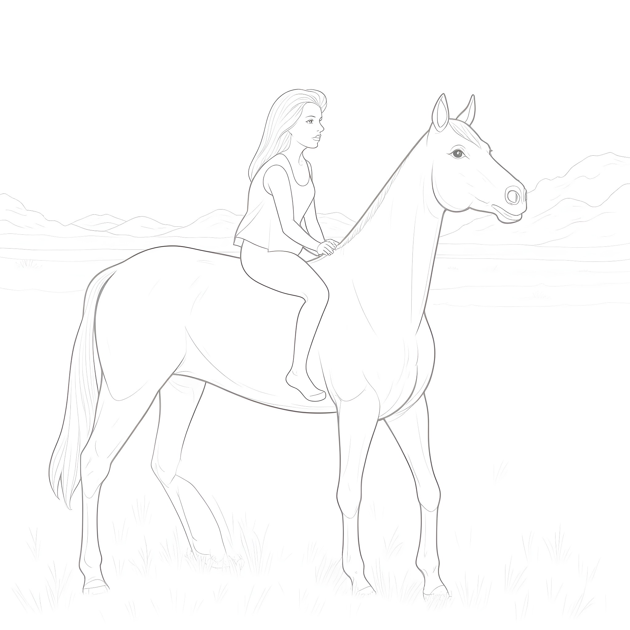 Horse rider on the plain Coloring Page (free black-and-white line drawing printable PDF for all, from beginners to advanced learners, including children, teens, adults, and seniors)