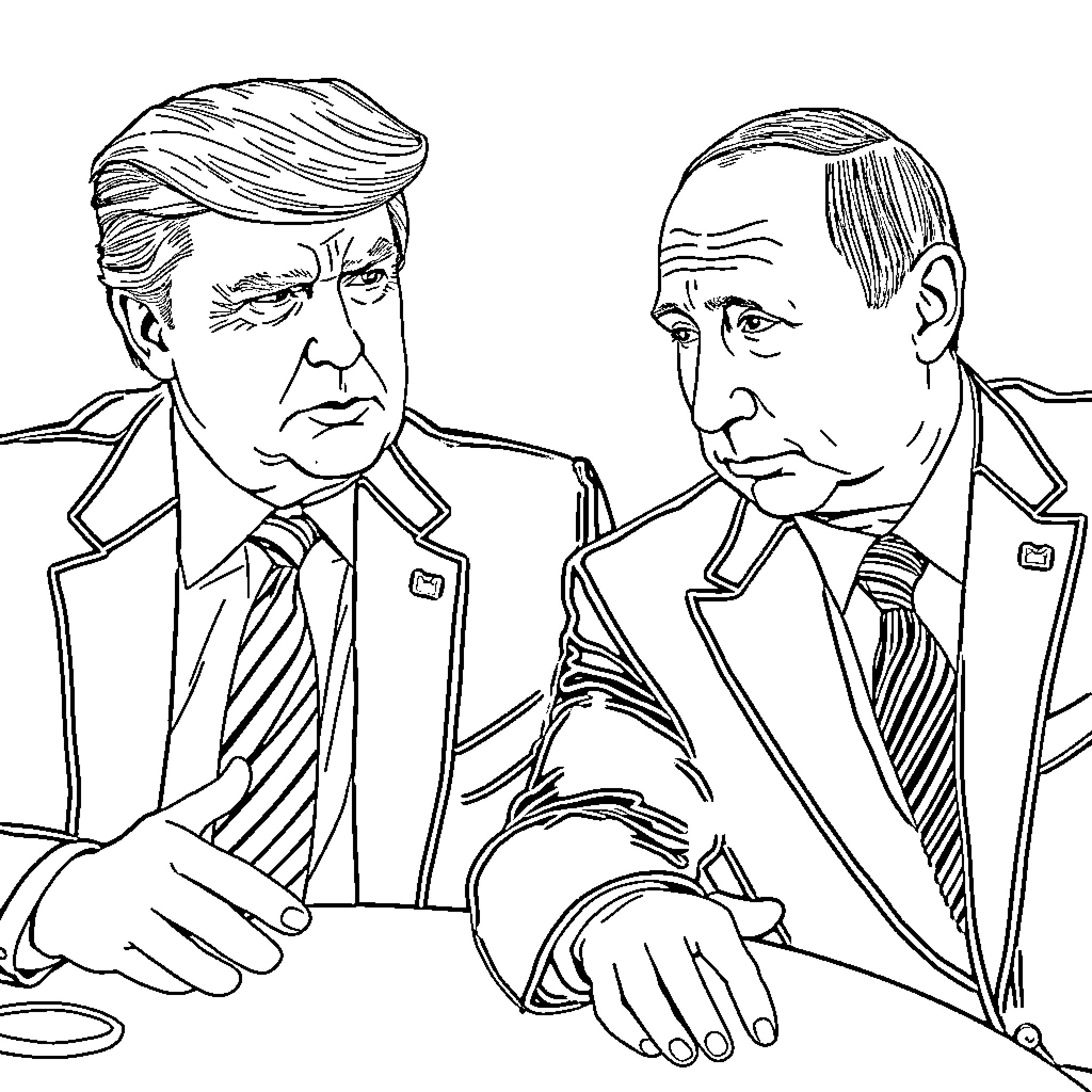 Donald Trump and Vladimir Putin in formal attire, engaged in discussion Coloring Page (free black-and-white line drawing printable PDF for all, from beginners to advanced learners, including children, teens, adults, and seniors)