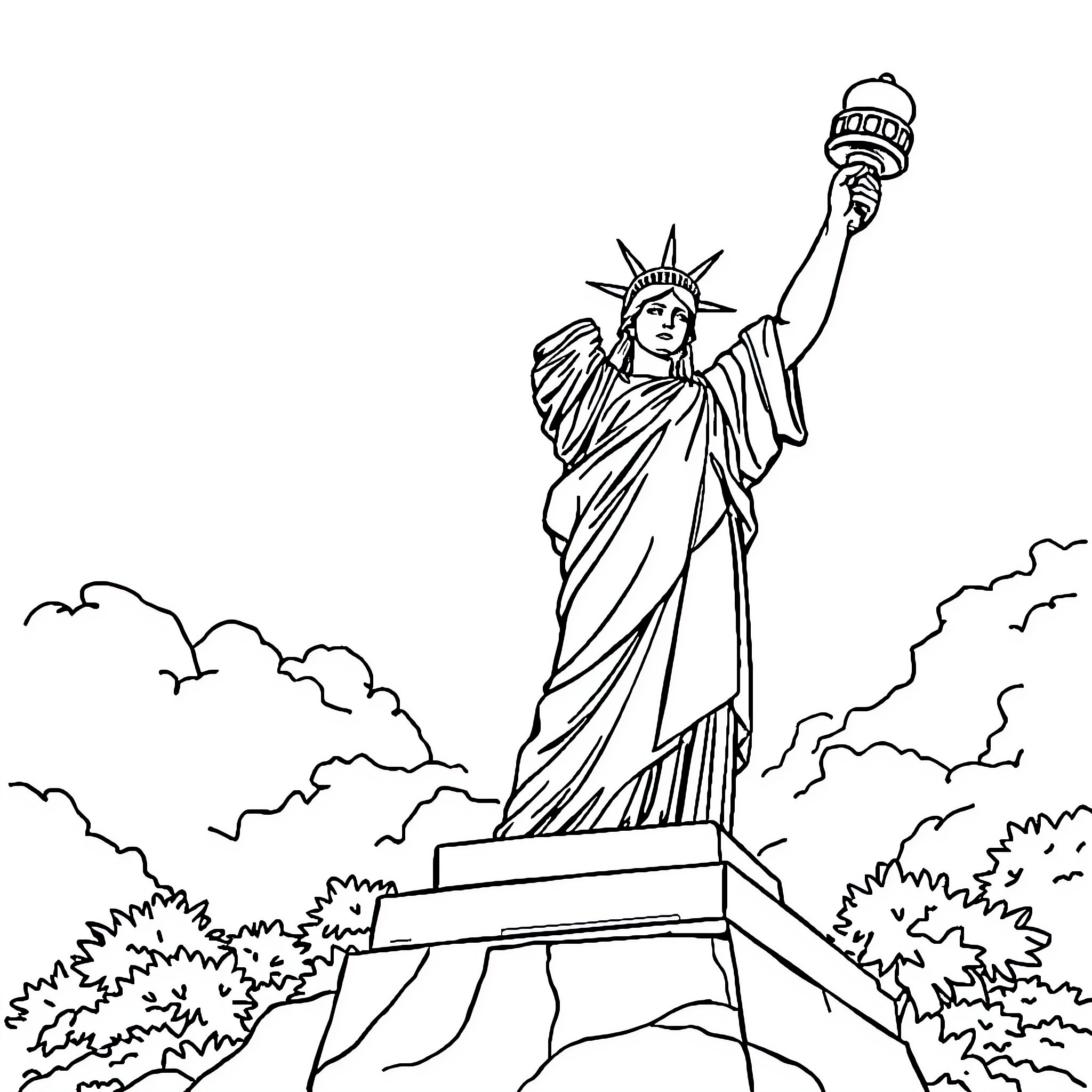 Statue Of Liberty holding torch in the sky Coloring Page (free black-and-white line drawing printable PDF for all, from beginners to advanced learners, including children, teens, adults, and seniors)