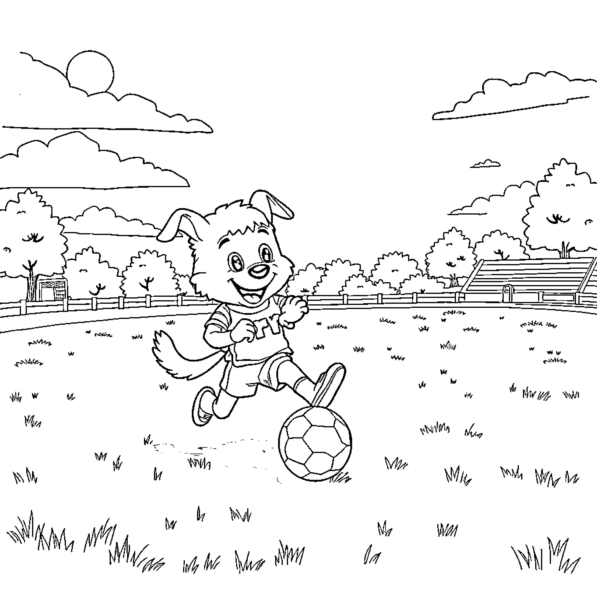 Huntrix Playing Soccer in the Park Coloring Page (free black-and-white line drawing printable PDF for all, from beginners to advanced learners, including children, teens, adults, and seniors)