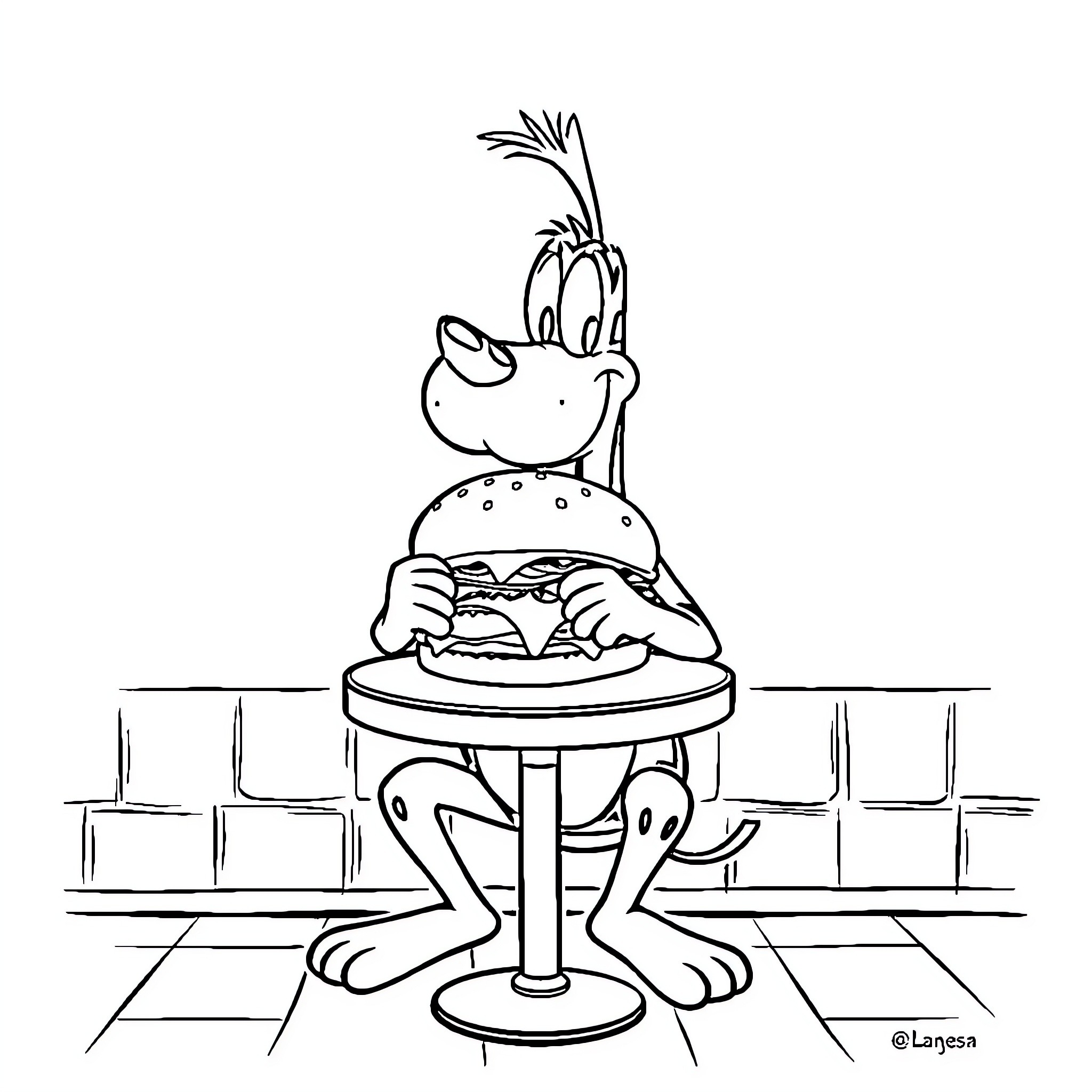 Gastón enjoying a delectable burger Coloring Page (free black-and-white line drawing printable PDF for all, from beginners to advanced learners, including children, teens, adults, and seniors)