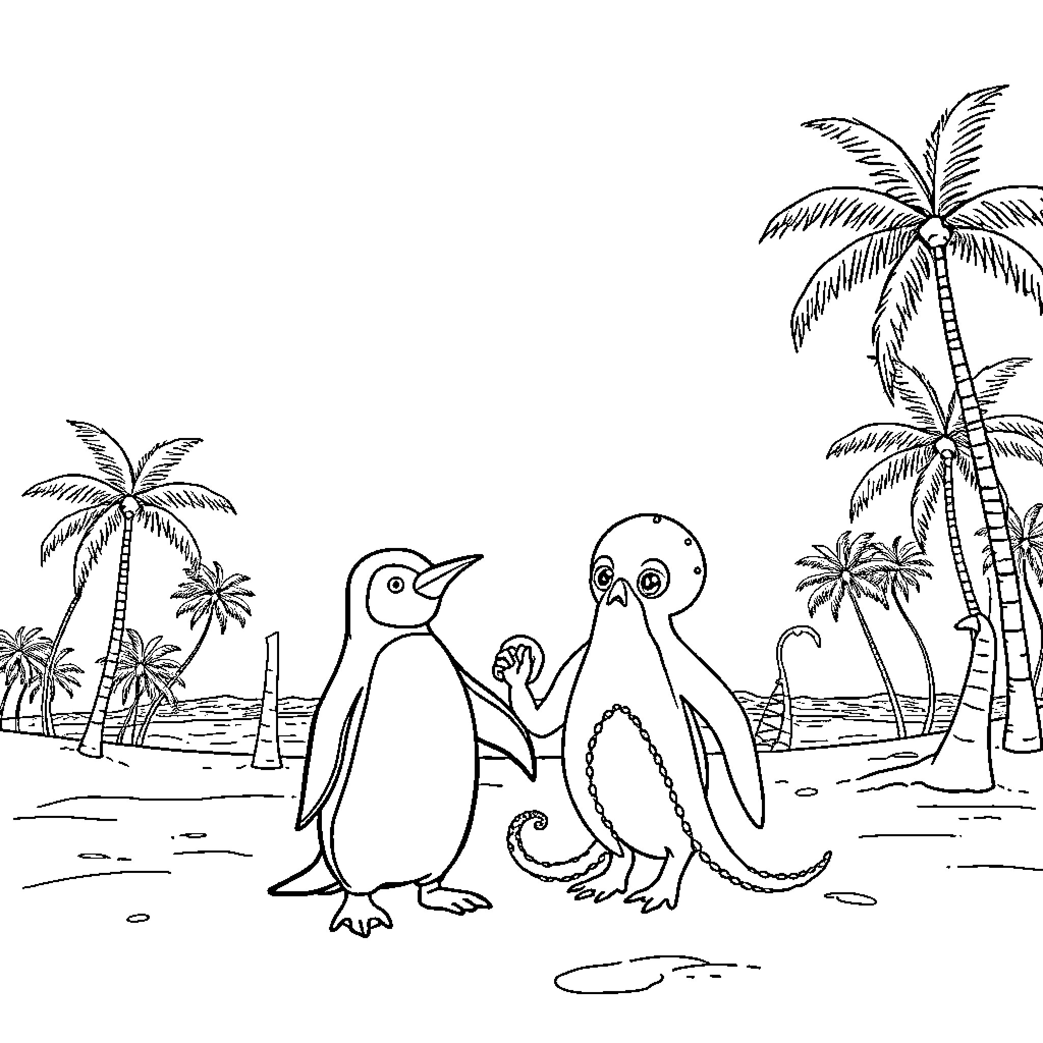 Penguins strolling along the beach with palm trees Coloring Page (free black-and-white line drawing printable PDF for all, from beginners to advanced learners, including children, teens, adults, and seniors)