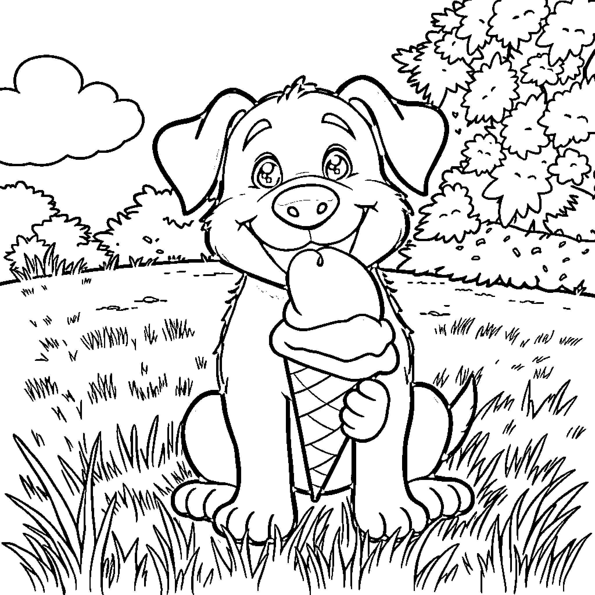 Dog enjoying a popsicle in the park Coloring Page (free black-and-white line drawing printable PDF for all, from beginners to advanced learners, including children, teens, adults, and seniors)