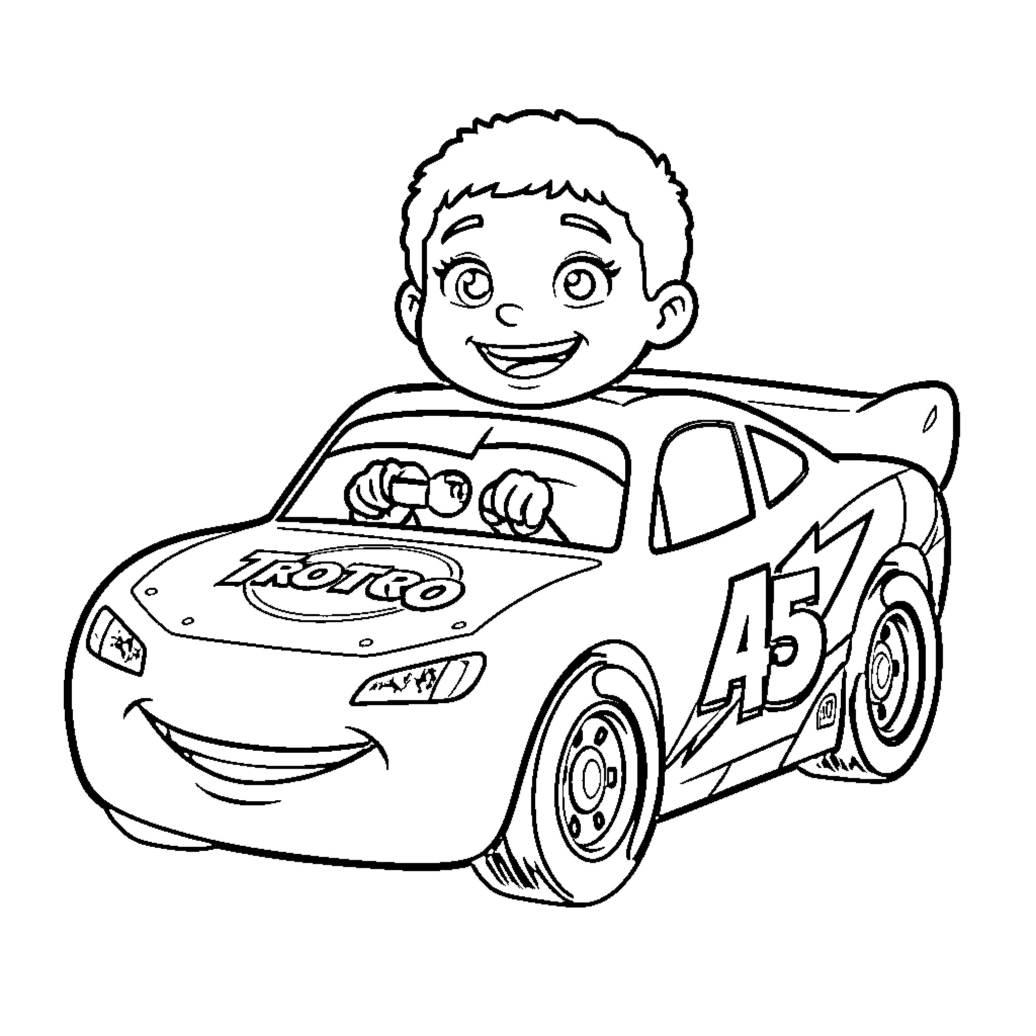 Trotro smiling happily while driving a race car Coloring Page (free black-and-white line drawing printable PDF for all, from beginners to advanced learners, including children, teens, adults, and seniors)