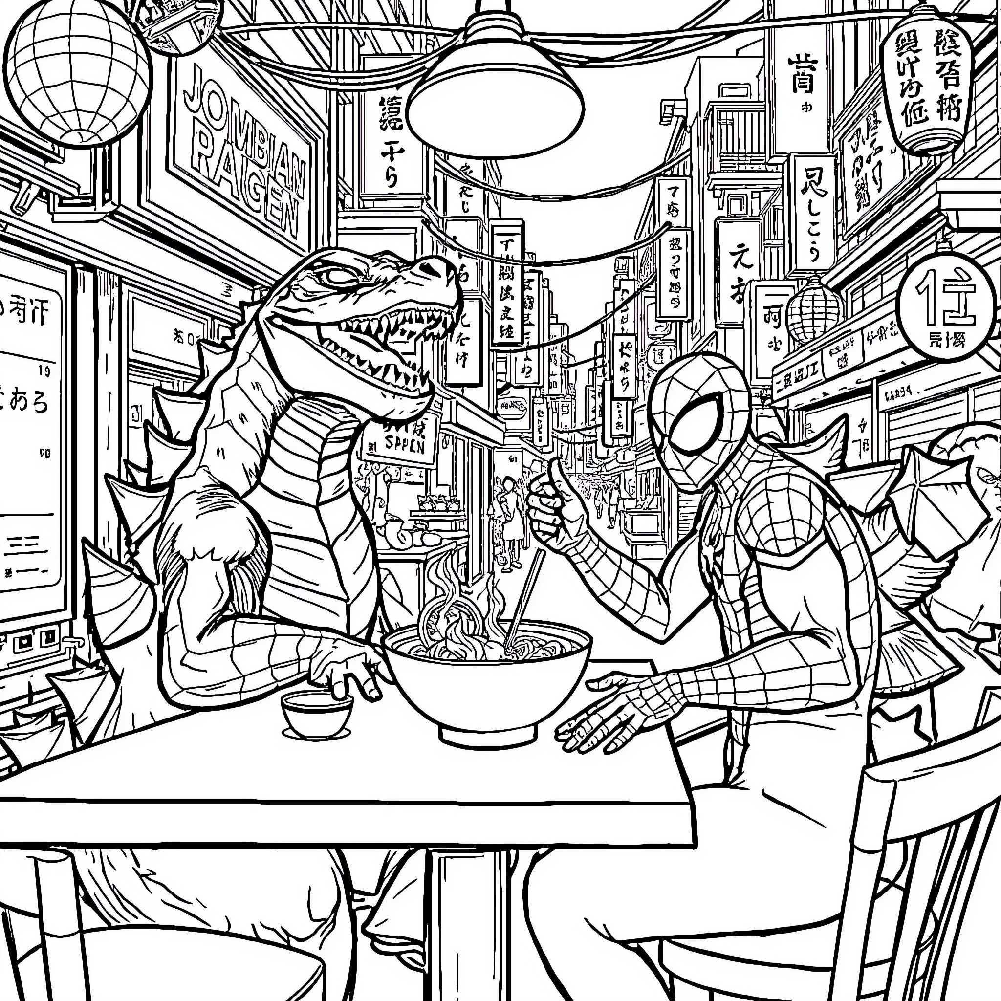 Godzilla and Spider-Man enjoying ramen in the city Coloring Page (free black-and-white line drawing printable PDF for all, from beginners to advanced learners, including children, teens, adults, and seniors)
