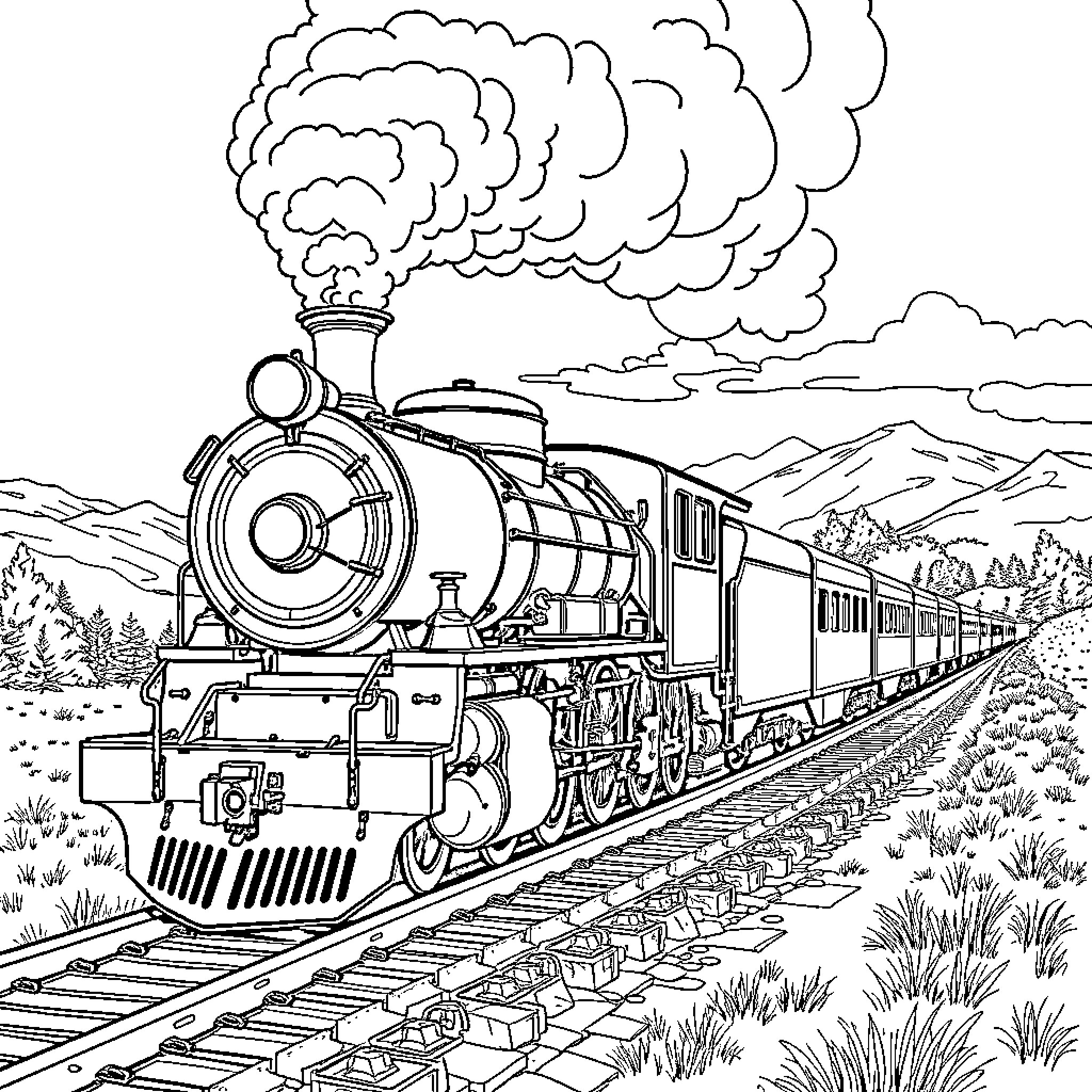 Steam Engine Locomotive Chugging Through Scenic Landscape Coloring Page (free black-and-white line drawing printable PDF for all, from beginners to advanced learners, including children, teens, adults, and seniors)