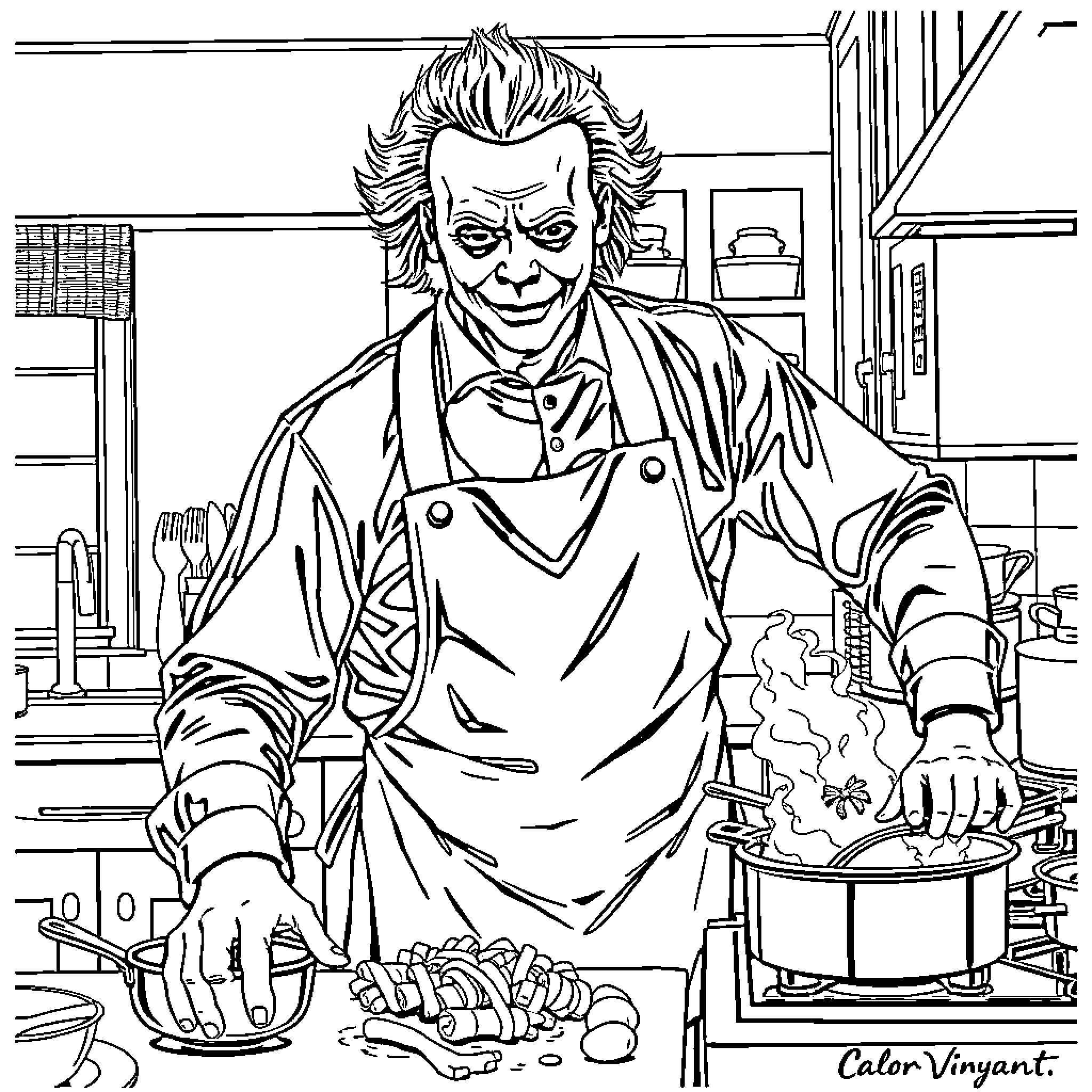 Michael Myers Cooking up Mischief in the Kitchen Coloring Page (free black-and-white line drawing printable PDF for all, from beginners to advanced learners, including children, teens, adults, and seniors)