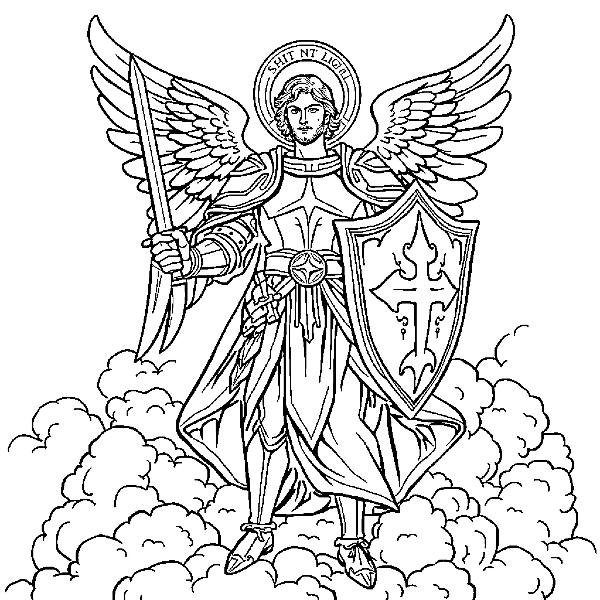 Saint Michael the Archangel in Powerful Stance Coloring Page (free black-and-white line drawing printable PDF for all, from beginners to advanced learners, including children, teens, adults, and seniors)
