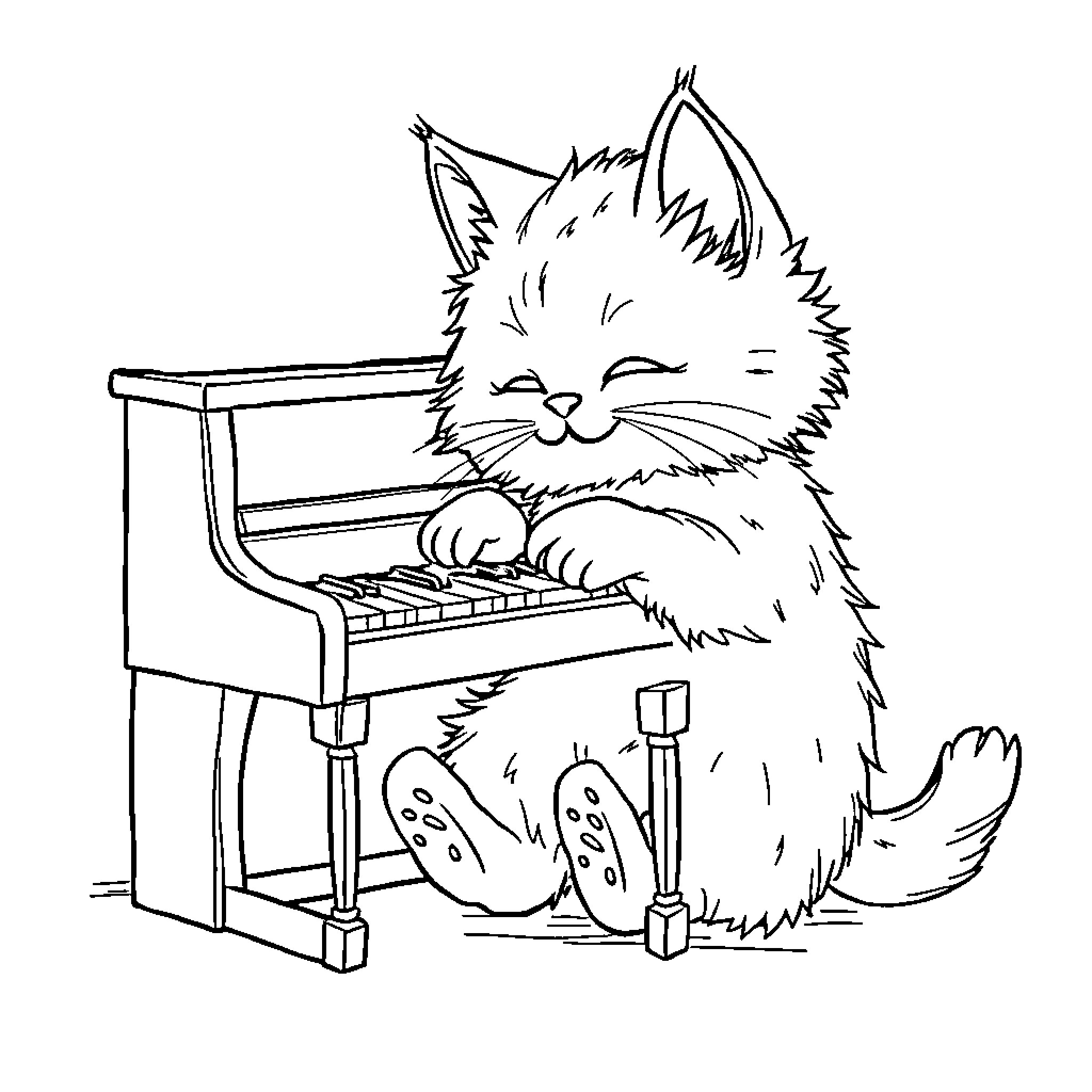 Cat playing piano in cozy room Coloring Page (free black-and-white line drawing printable PDF for all, from beginners to advanced learners, including children, teens, adults, and seniors)