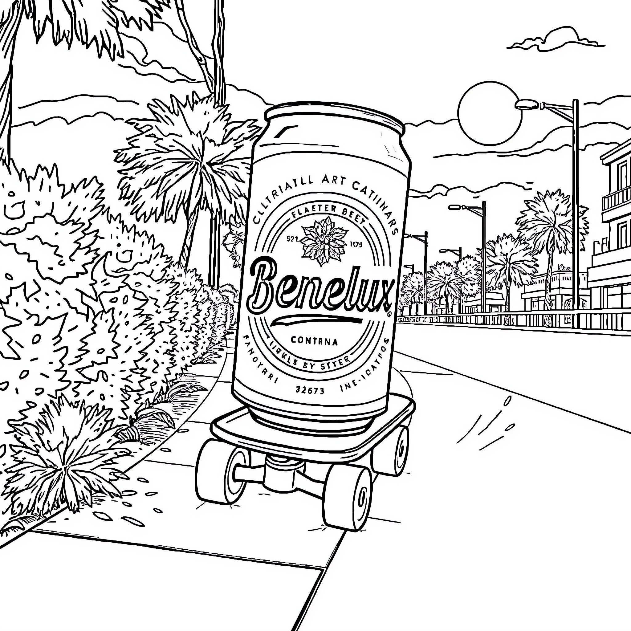 Beer Can Skateboarding through a Tropical Landscape Coloring Page (free black-and-white line drawing printable PDF for all, from beginners to advanced learners, including children, teens, adults, and seniors)
