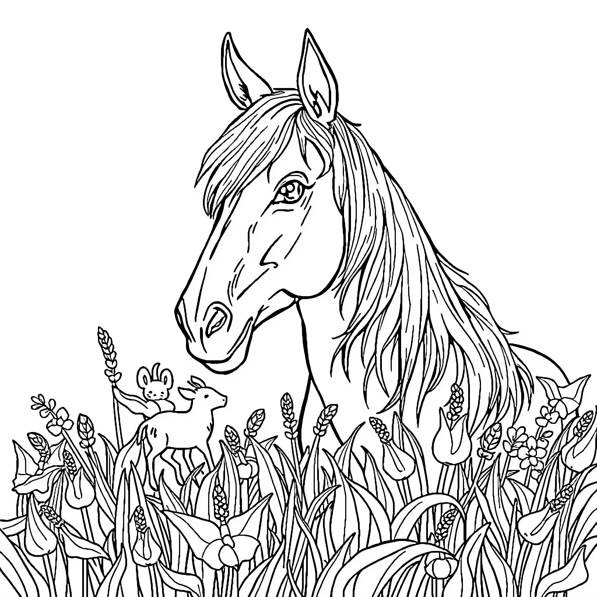 Horse grazing peacefully in a field of flowers Coloring Page (free black-and-white line drawing printable PDF for all, from beginners to advanced learners, including children, teens, adults, and seniors)