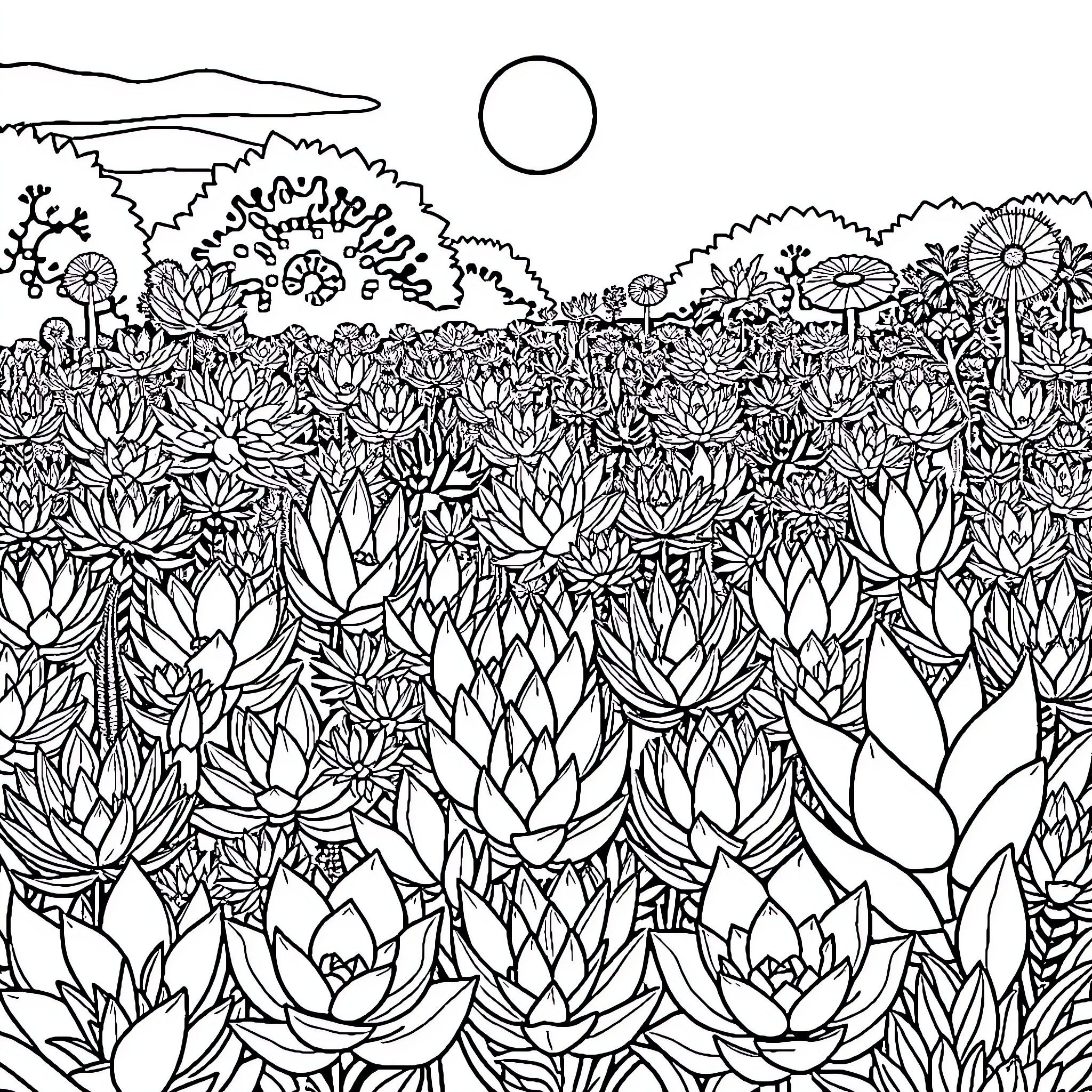 Plant-filled landscape with stylized flowers Coloring Page (free black-and-white line drawing printable PDF for all, from beginners to advanced learners, including children, teens, adults, and seniors)