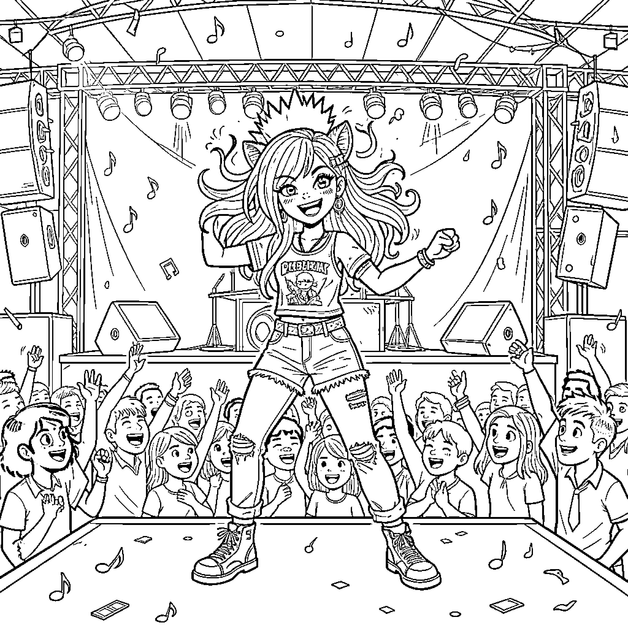 Chica performing on stage with excited crowd Coloring Page (free black-and-white line drawing printable PDF for all, from beginners to advanced learners, including children, teens, adults, and seniors)