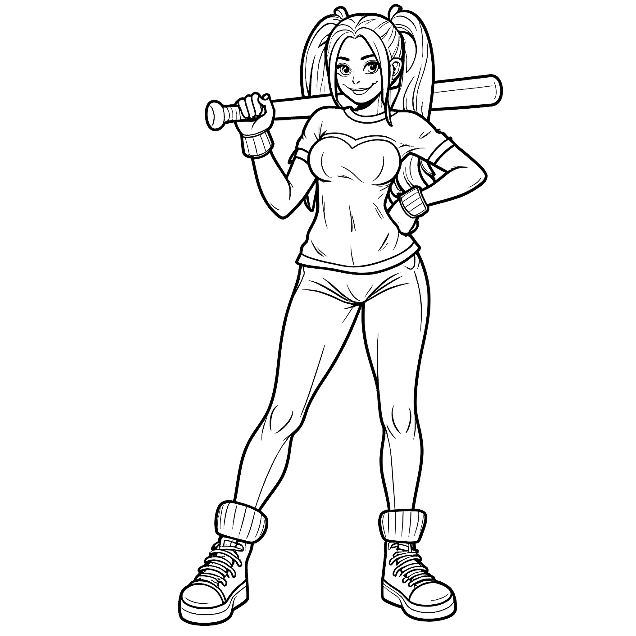 Harley Quinn in action with bat and outfit Coloring Page (free black-and-white line drawing printable PDF for all, from beginners to advanced learners, including children, teens, adults, and seniors)