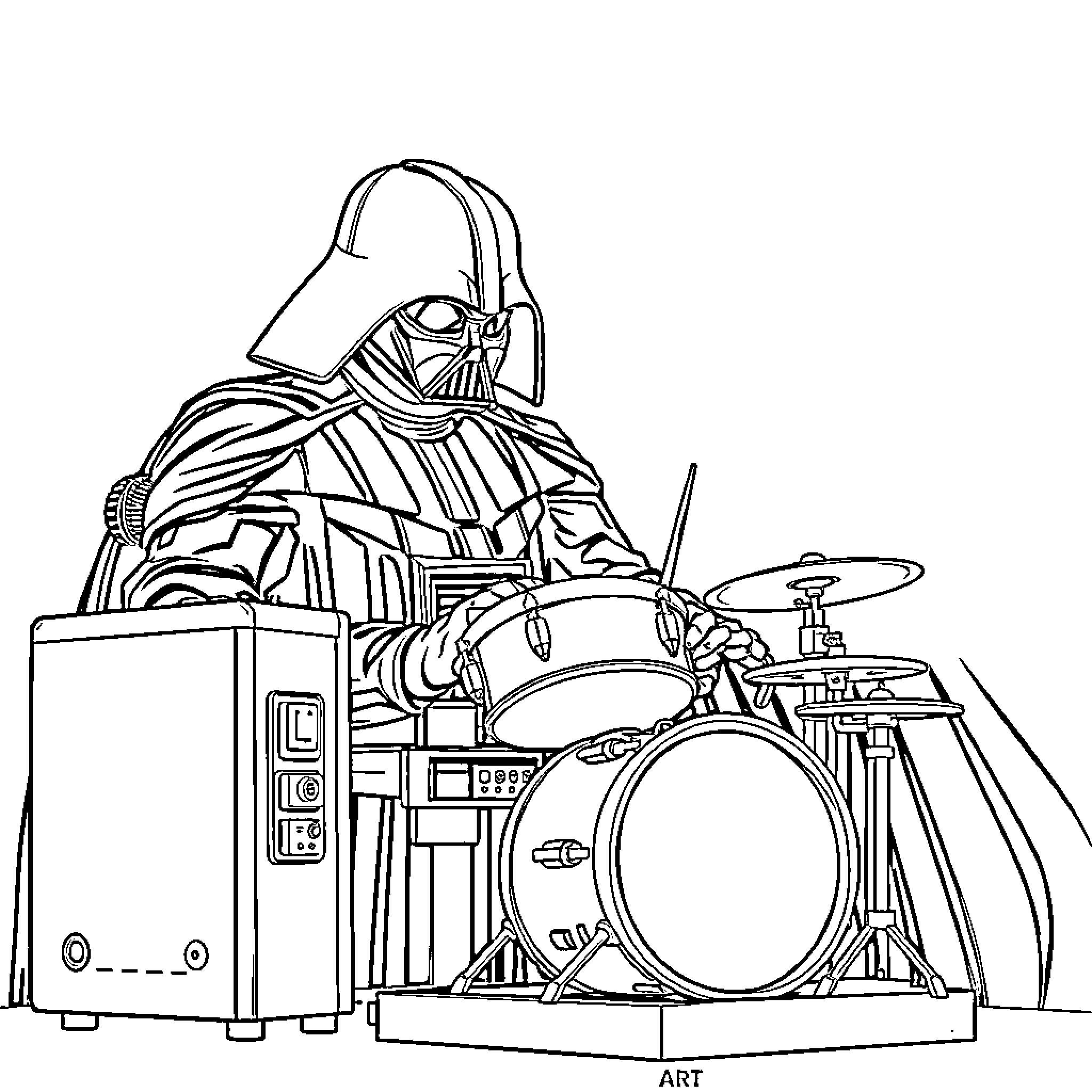 Darth Vader's Drum Set Performance Coloring Page (free black-and-white line drawing printable PDF for all, from beginners to advanced learners, including children, teens, adults, and seniors)