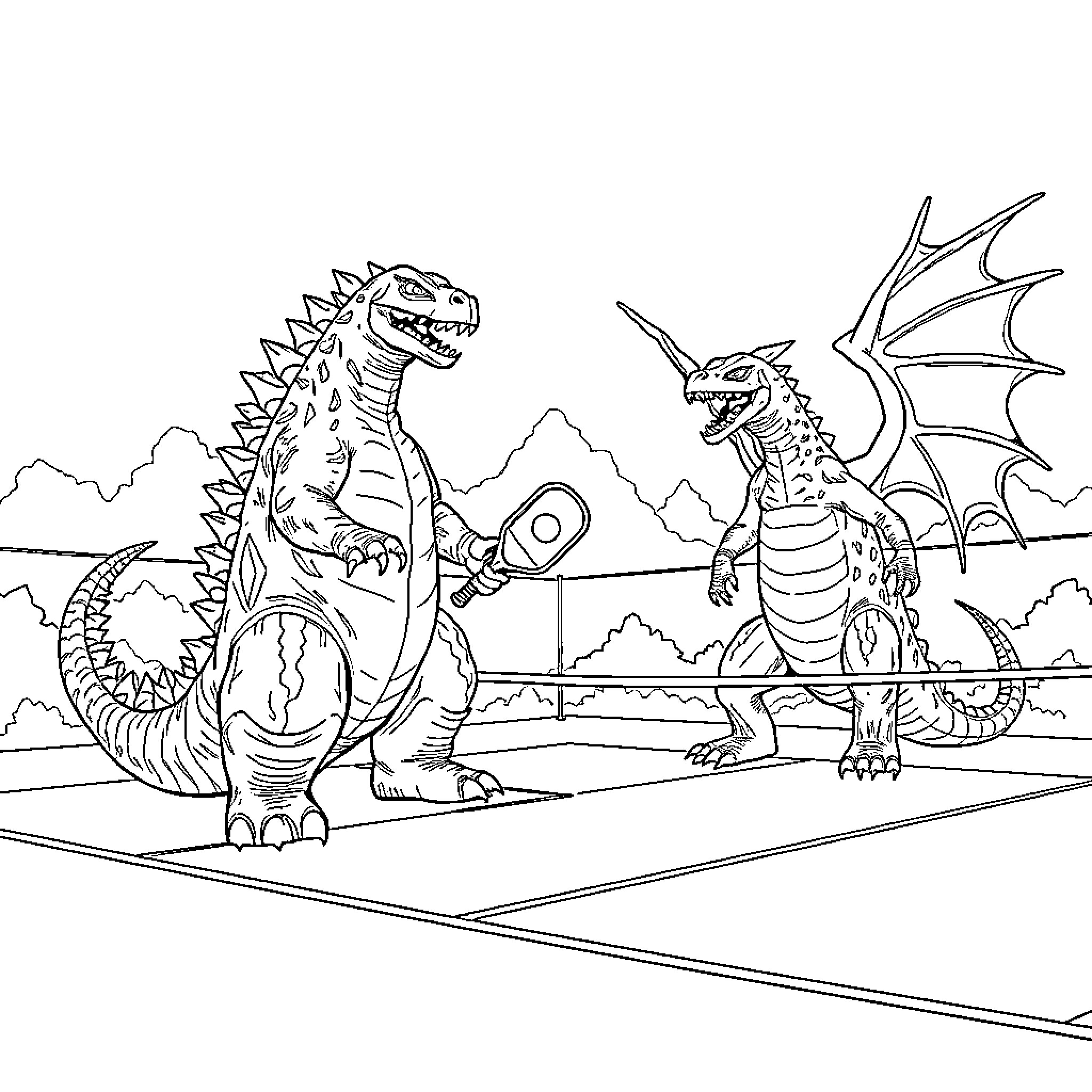 Godzilla battling fierce dragon in epic showdown Coloring Page (free black-and-white line drawing printable PDF for all, from beginners to advanced learners, including children, teens, adults, and seniors)