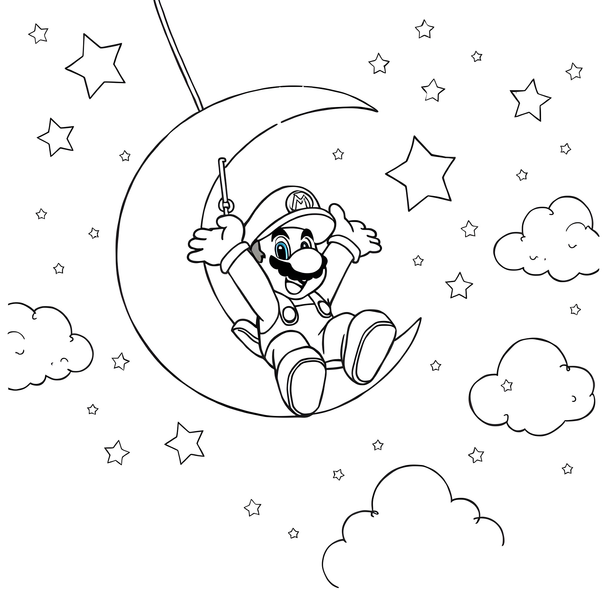 Super Mario swinging on the moon with stars Coloring Page (free black-and-white line drawing printable PDF for all, from beginners to advanced learners, including children, teens, adults, and seniors)