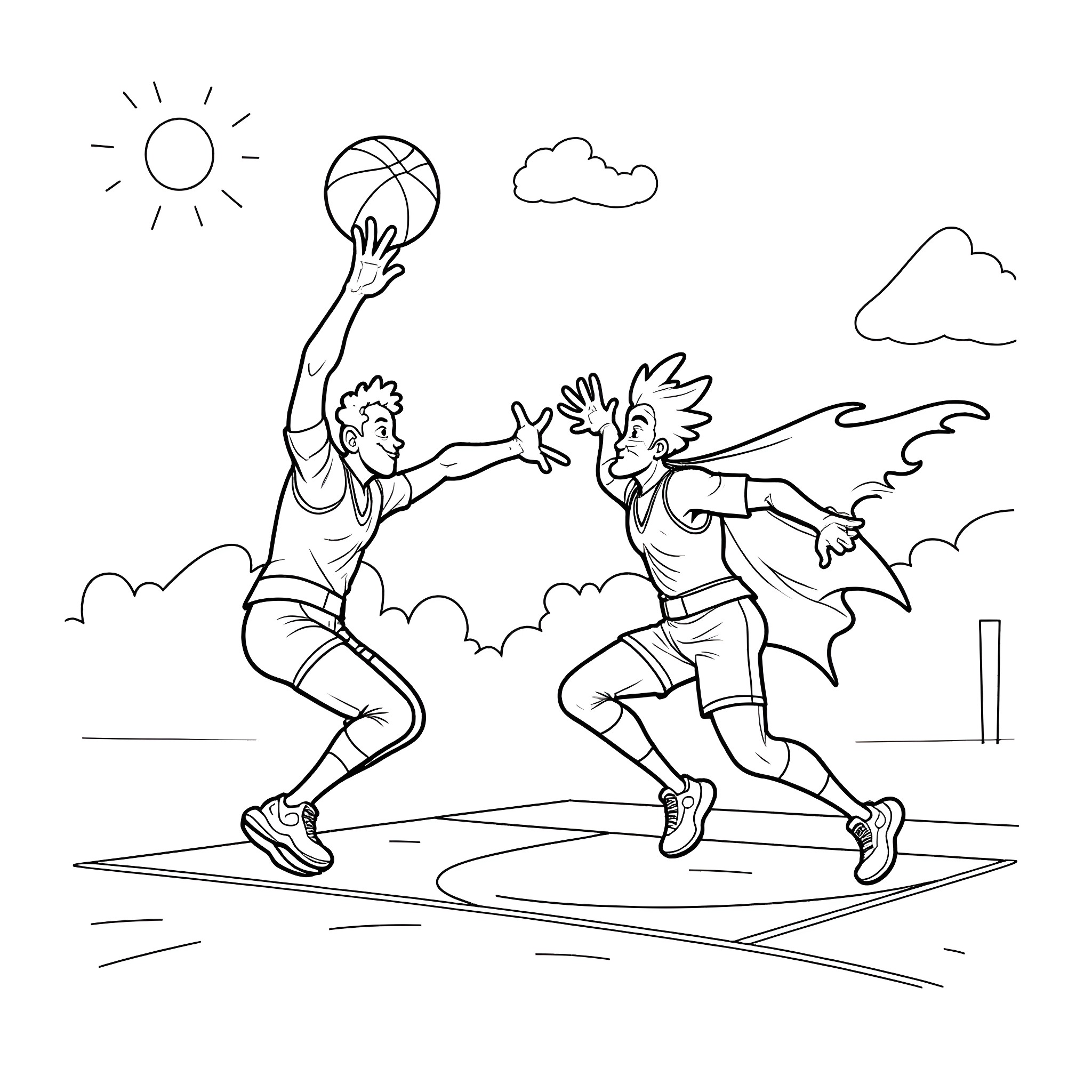 Joker basketball players compete on the court Coloring Page (free black-and-white line drawing printable PDF for all, from beginners to advanced learners, including children, teens, adults, and seniors)