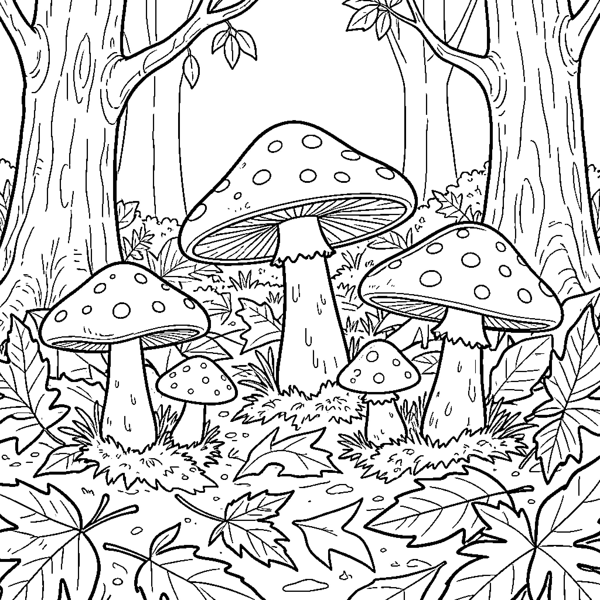 Mushroom-filled forest with fantastical elements Coloring Page (free black-and-white line drawing printable PDF for all, from beginners to advanced learners, including children, teens, adults, and seniors)
