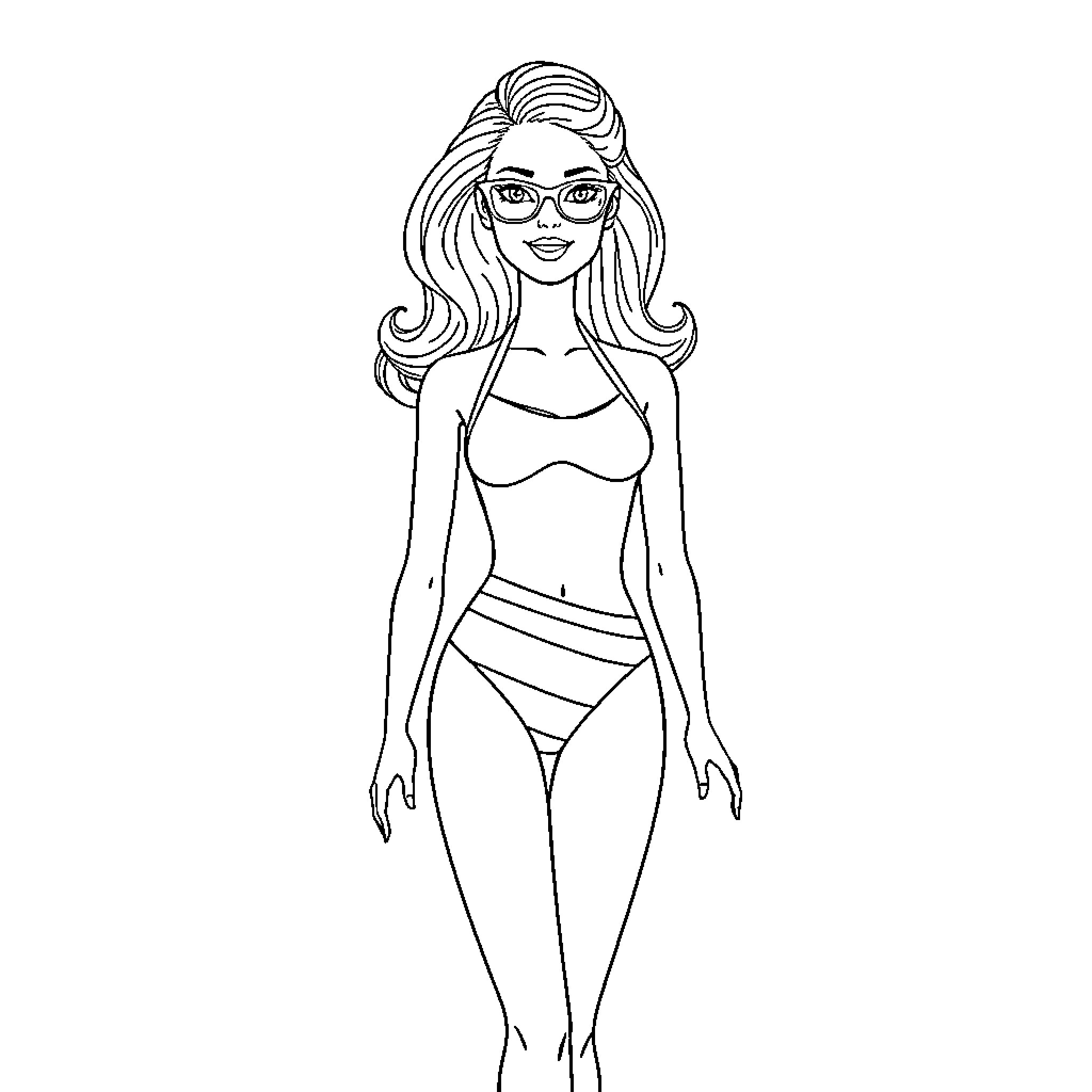 Barbie in stylish beachwear with sunglasses Coloring Page (free black-and-white line drawing printable PDF for all, from beginners to advanced learners, including children, teens, adults, and seniors)