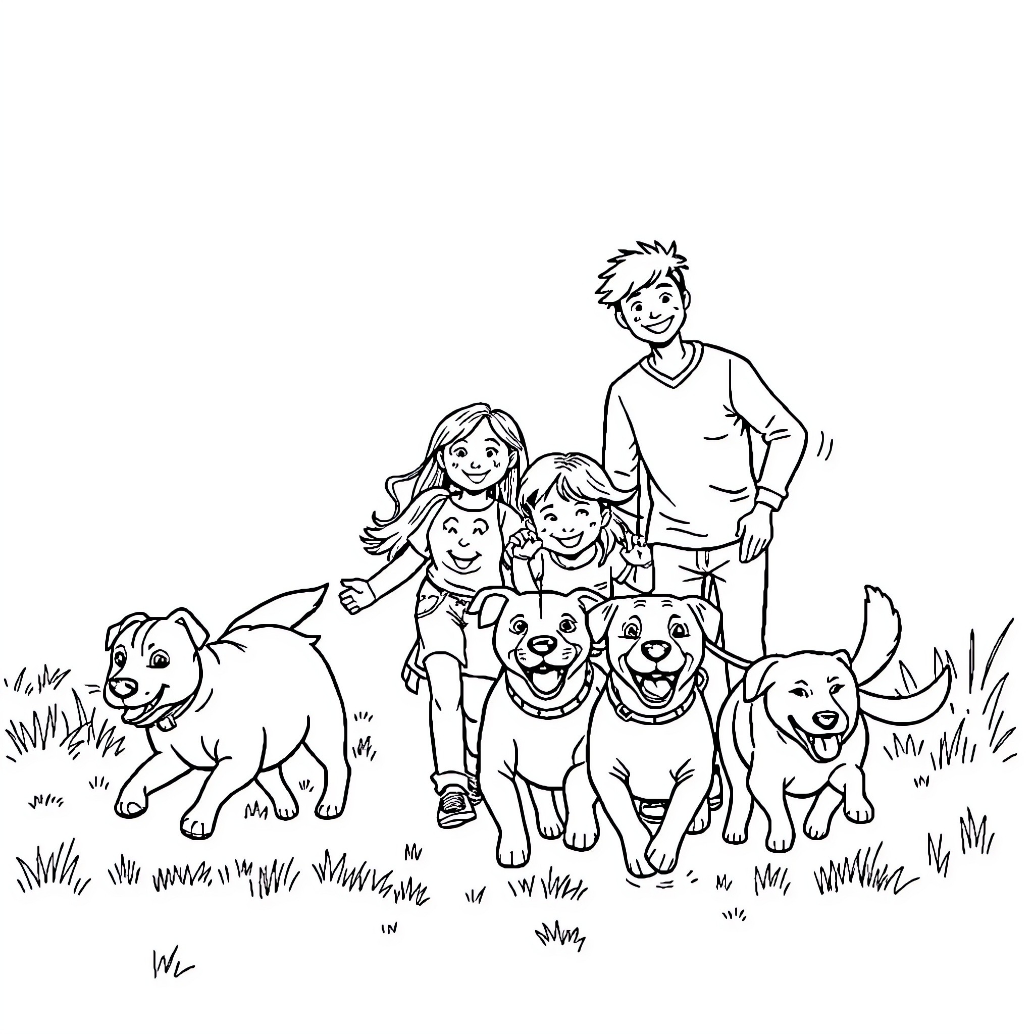 Family Enjoying Time Outdoors with Pets Coloring Page (free black-and-white line drawing printable PDF for all, from beginners to advanced learners, including children, teens, adults, and seniors)