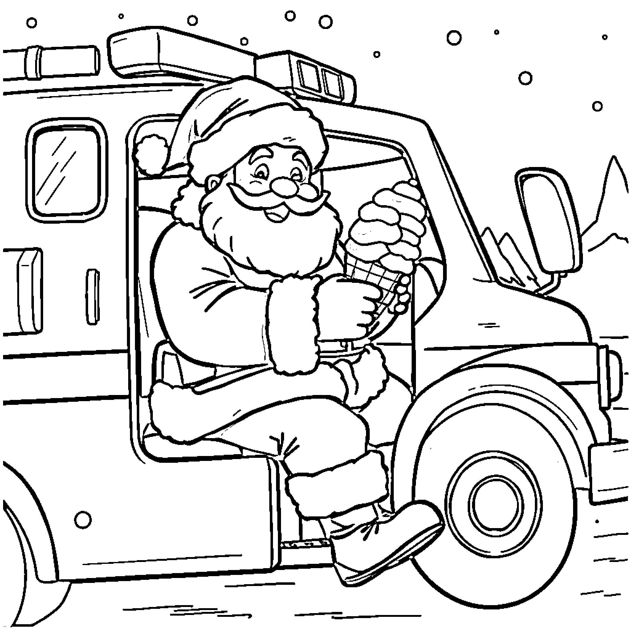 Santa driving a snowy delivery truck Coloring Page (free black-and-white line drawing printable PDF for all, from beginners to advanced learners, including children, teens, adults, and seniors)