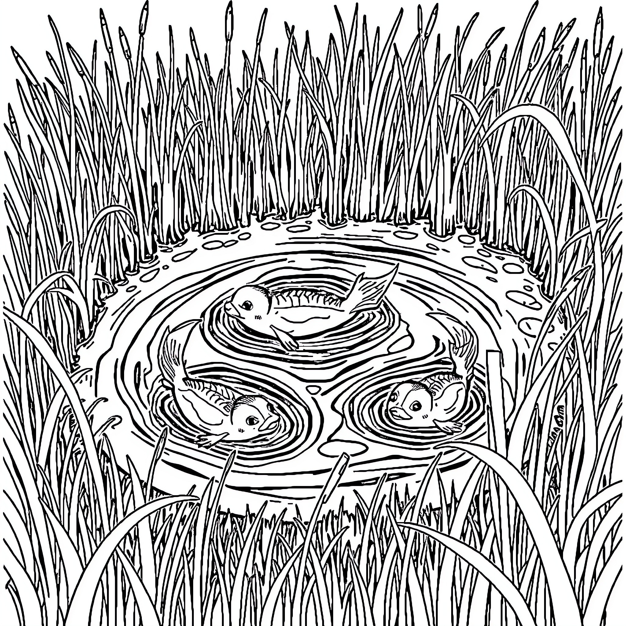 Tiddes: Fish swimming in a pond surrounded by tall grass Coloring Page (free black-and-white line drawing printable PDF for all, from beginners to advanced learners, including children, teens, adults, and seniors)