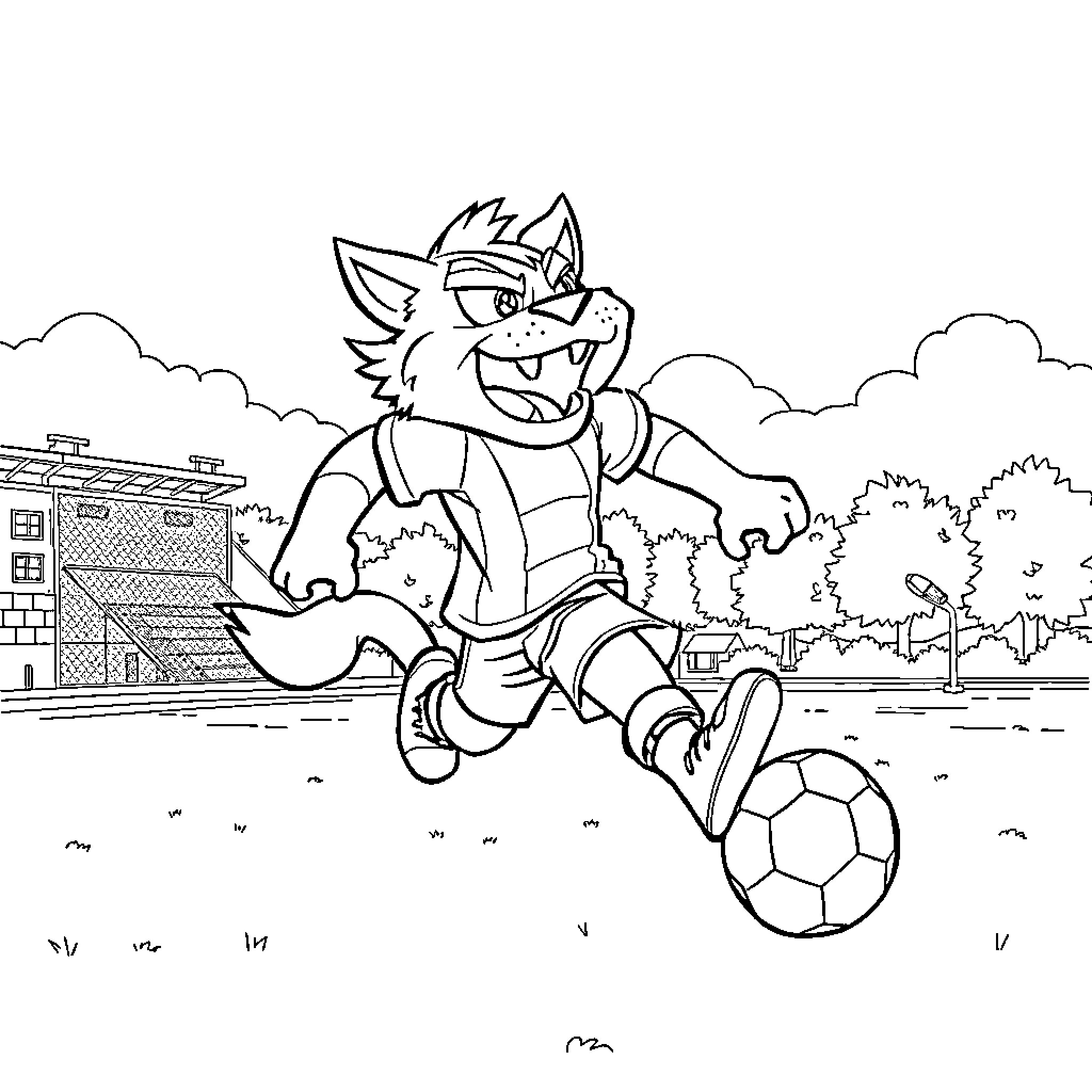 Brawl Fang Fierce Wolf Soccer Player Coloring Page (free black-and-white line drawing printable PDF for all, from beginners to advanced learners, including children, teens, adults, and seniors)