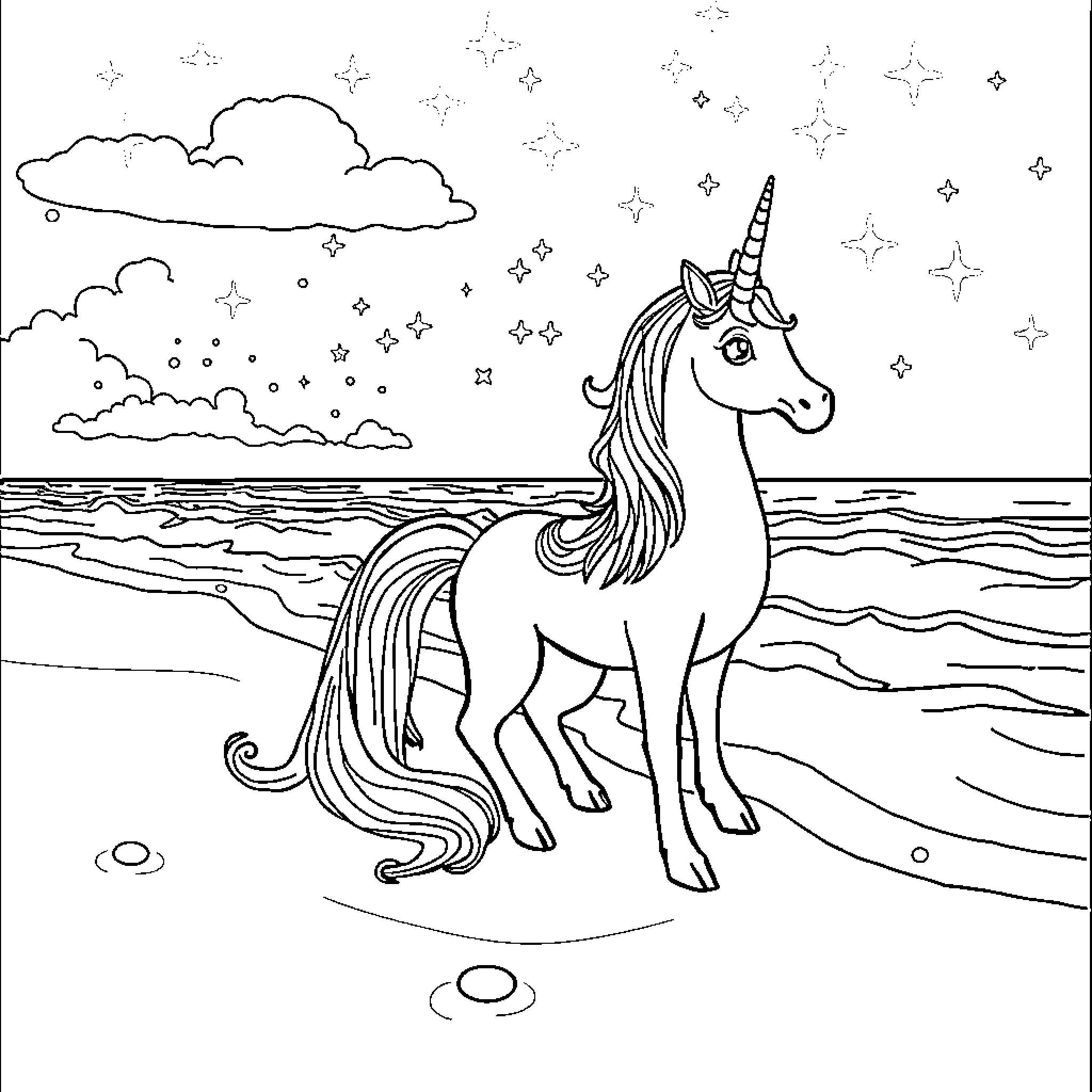 Mermaid Unicorn by the Magical Seashore Coloring Page (free black-and-white line drawing printable PDF for all, from beginners to advanced learners, including children, teens, adults, and seniors)