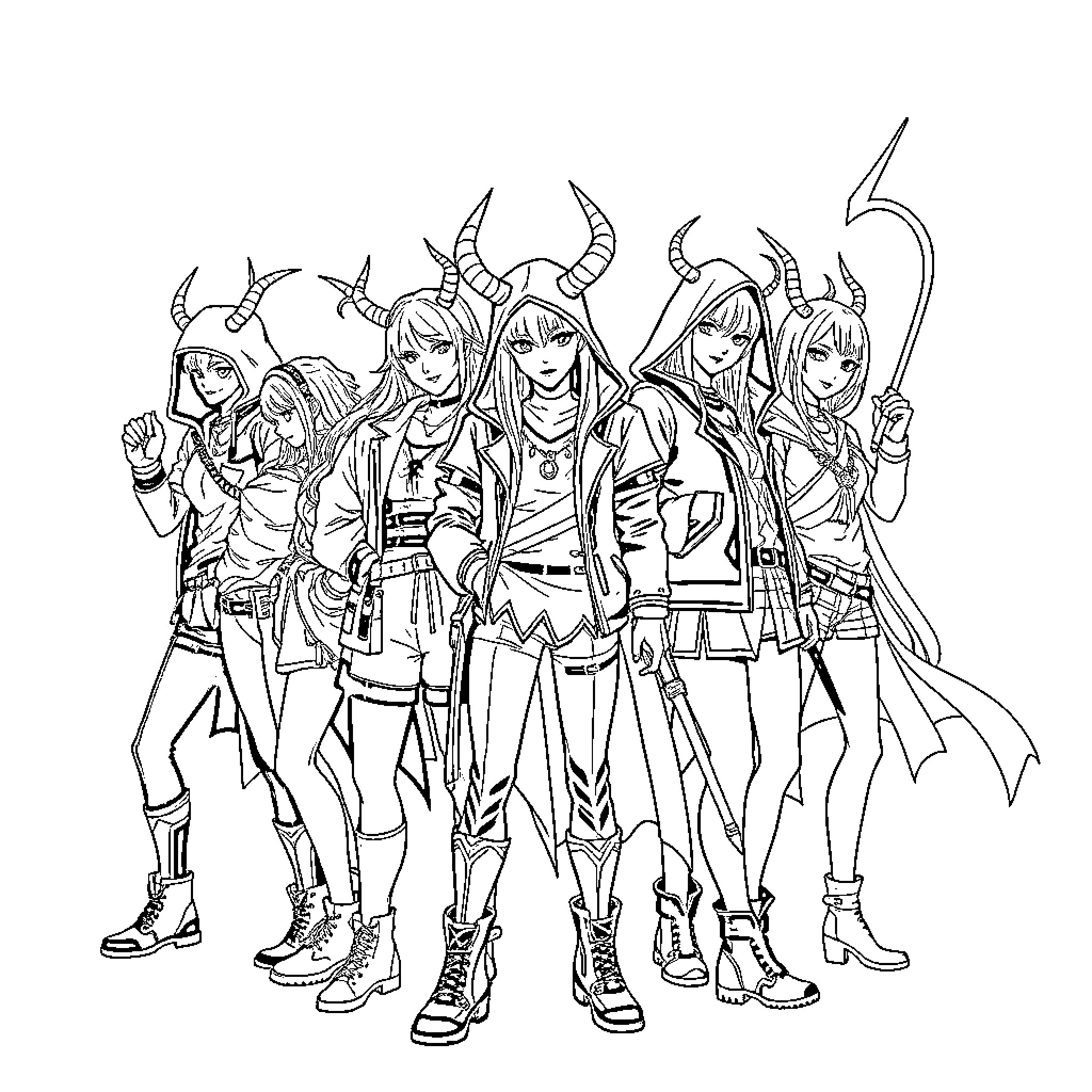 Demon Hunter Squad in Fierce Battle Poses Coloring Page (free black-and-white line drawing printable PDF for all, from beginners to advanced learners, including children, teens, adults, and seniors)