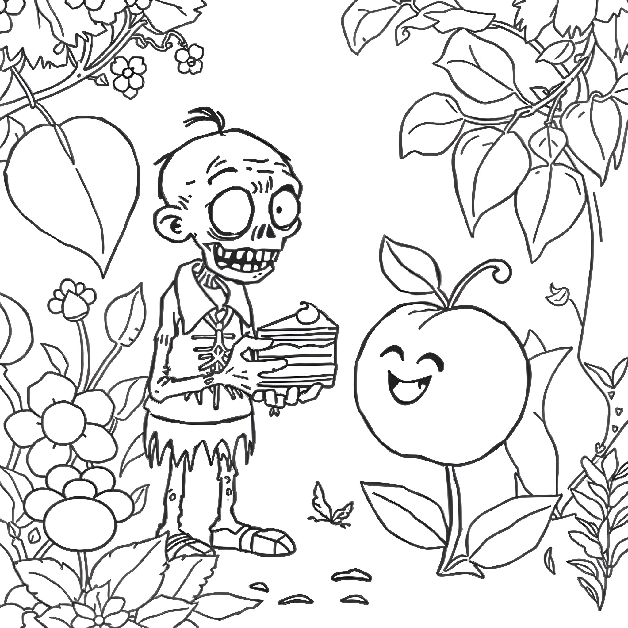 Zombie character cheerfully sharing a sweet treat with a happy apple Coloring Page (free black-and-white line drawing printable PDF for all, from beginners to advanced learners, including children, teens, adults, and seniors)