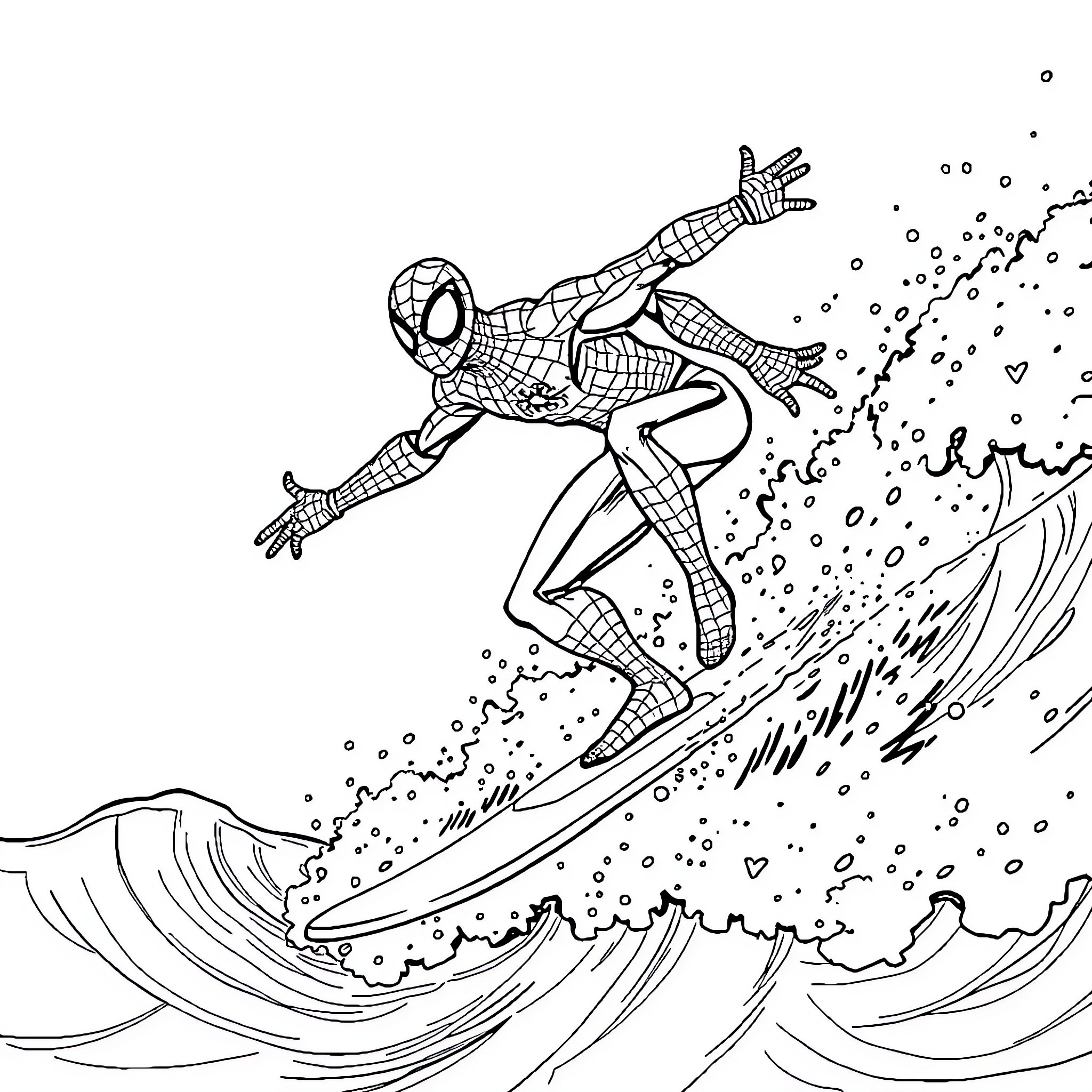 Spiderman surfing through waves Coloring Page (free black-and-white line drawing printable PDF for all, from beginners to advanced learners, including children, teens, adults, and seniors)